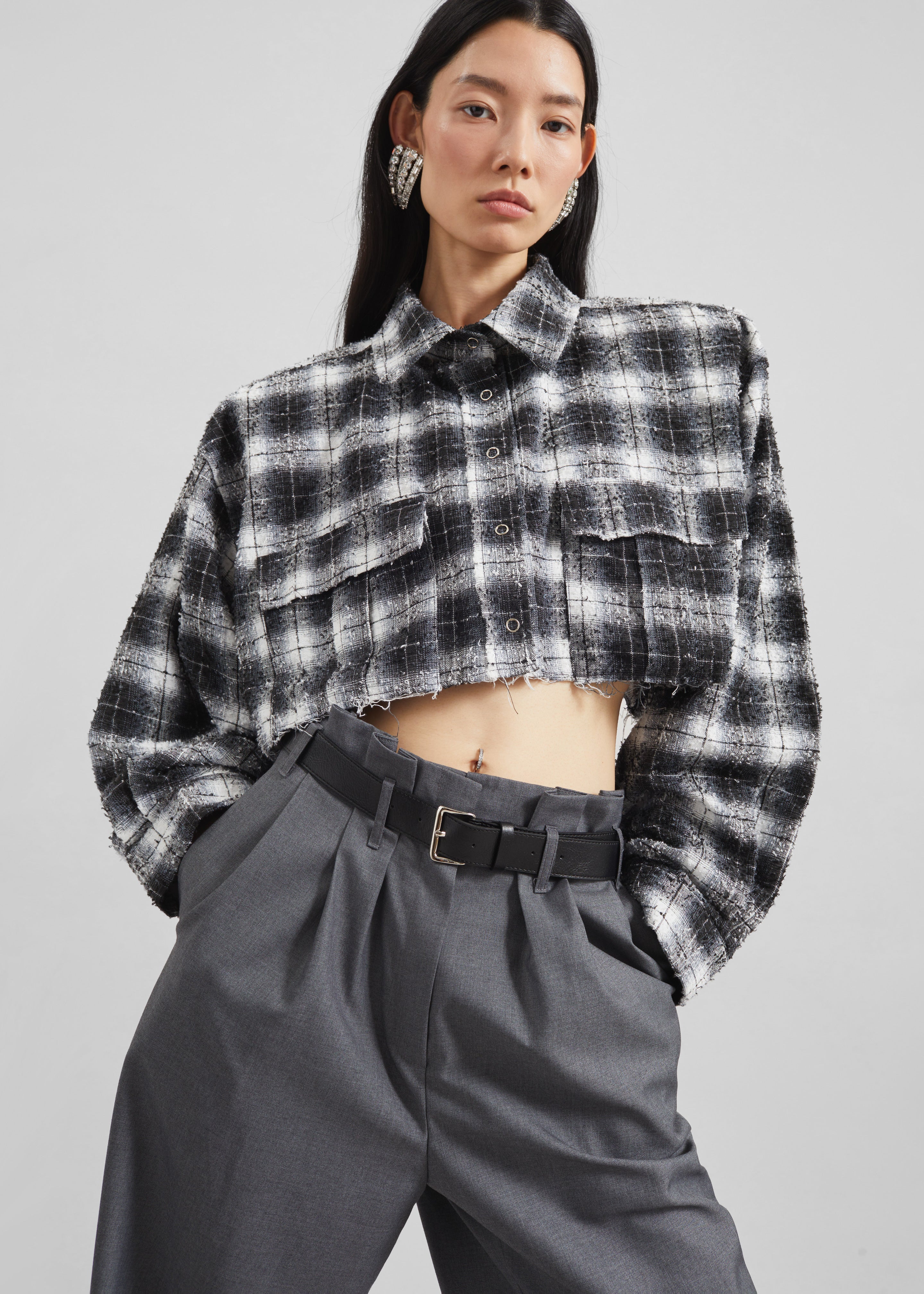Biasca Distressed Cropped Shirt - Black Plaid – The Frankie Shop