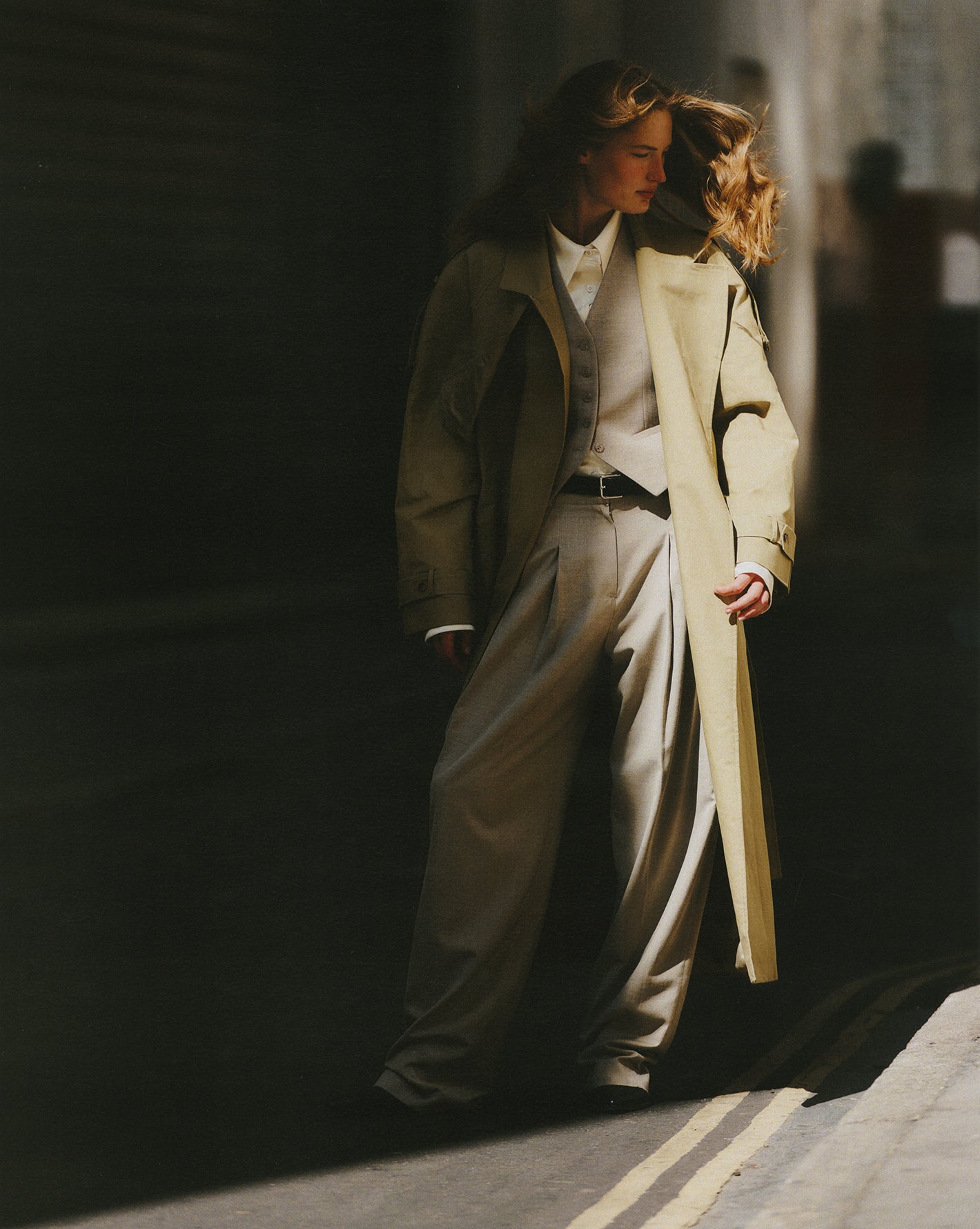 Female model photographed by Sarah Blais in the streets of London, wearing The Frankie Shop.