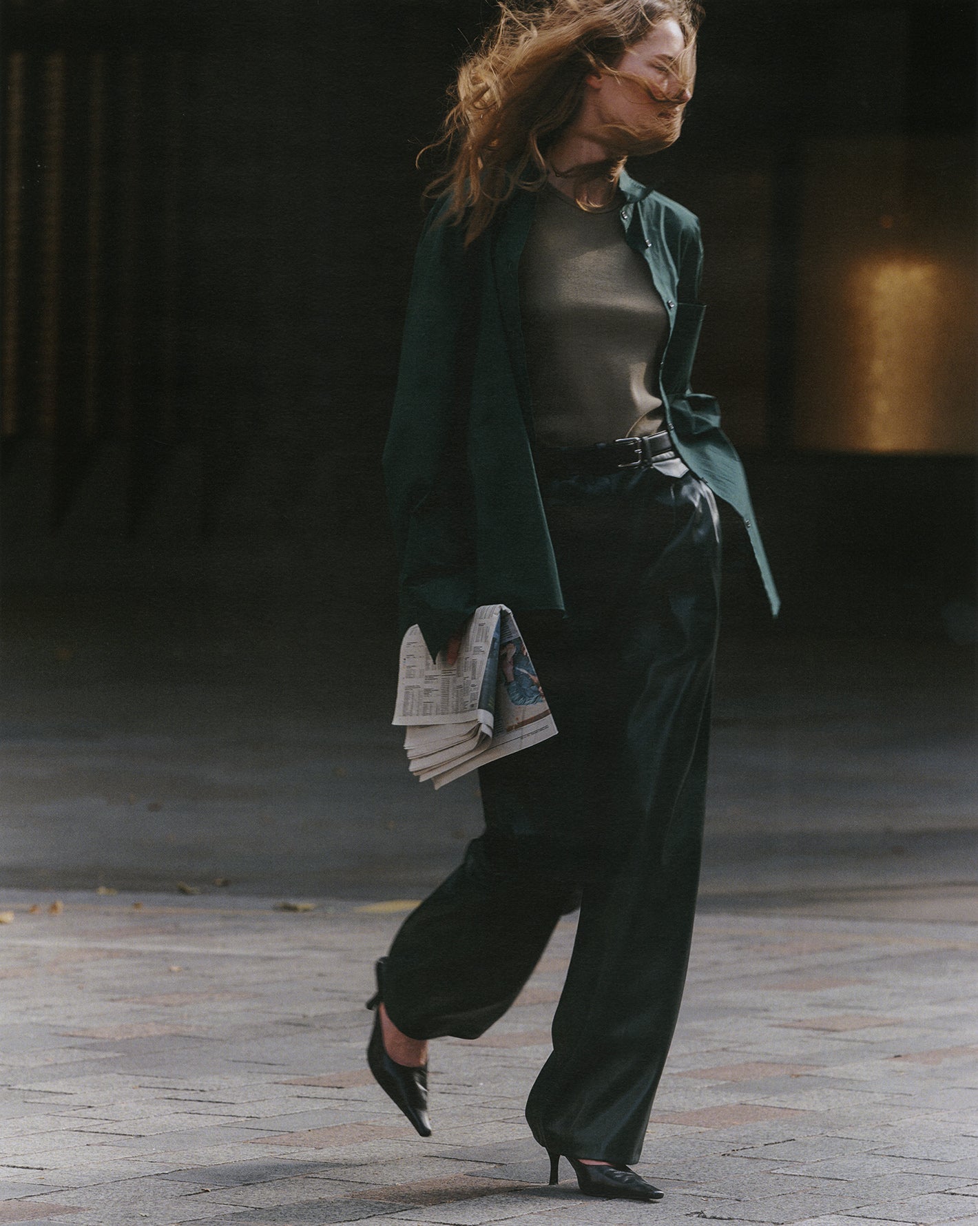 Female model photographed by Sarah Blais in the streets of London, wearing The Frankie Shop FW22.
