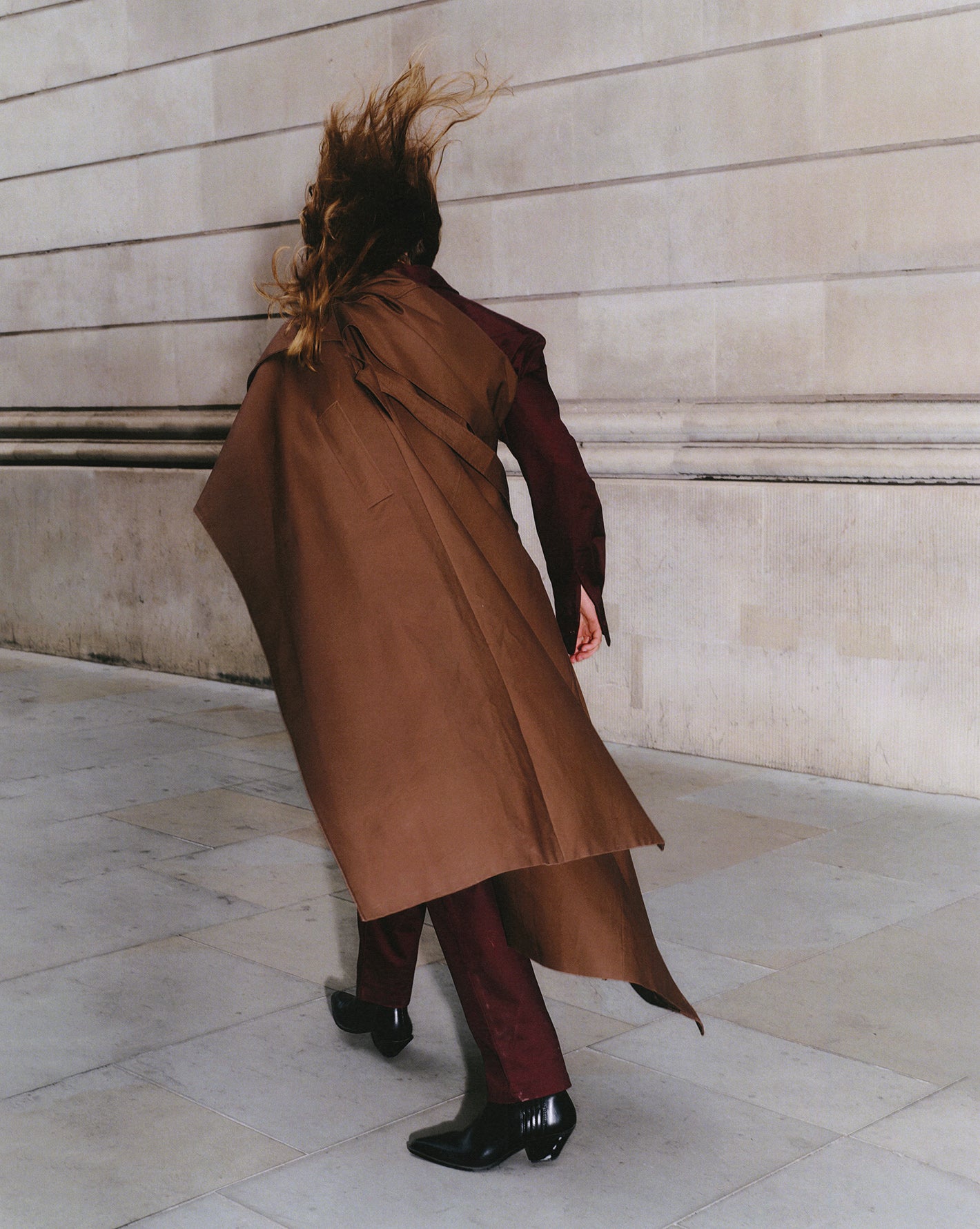 Female model photographed by Sarah Blais in the streets of London, wearing The Frankie Shop FW22.
