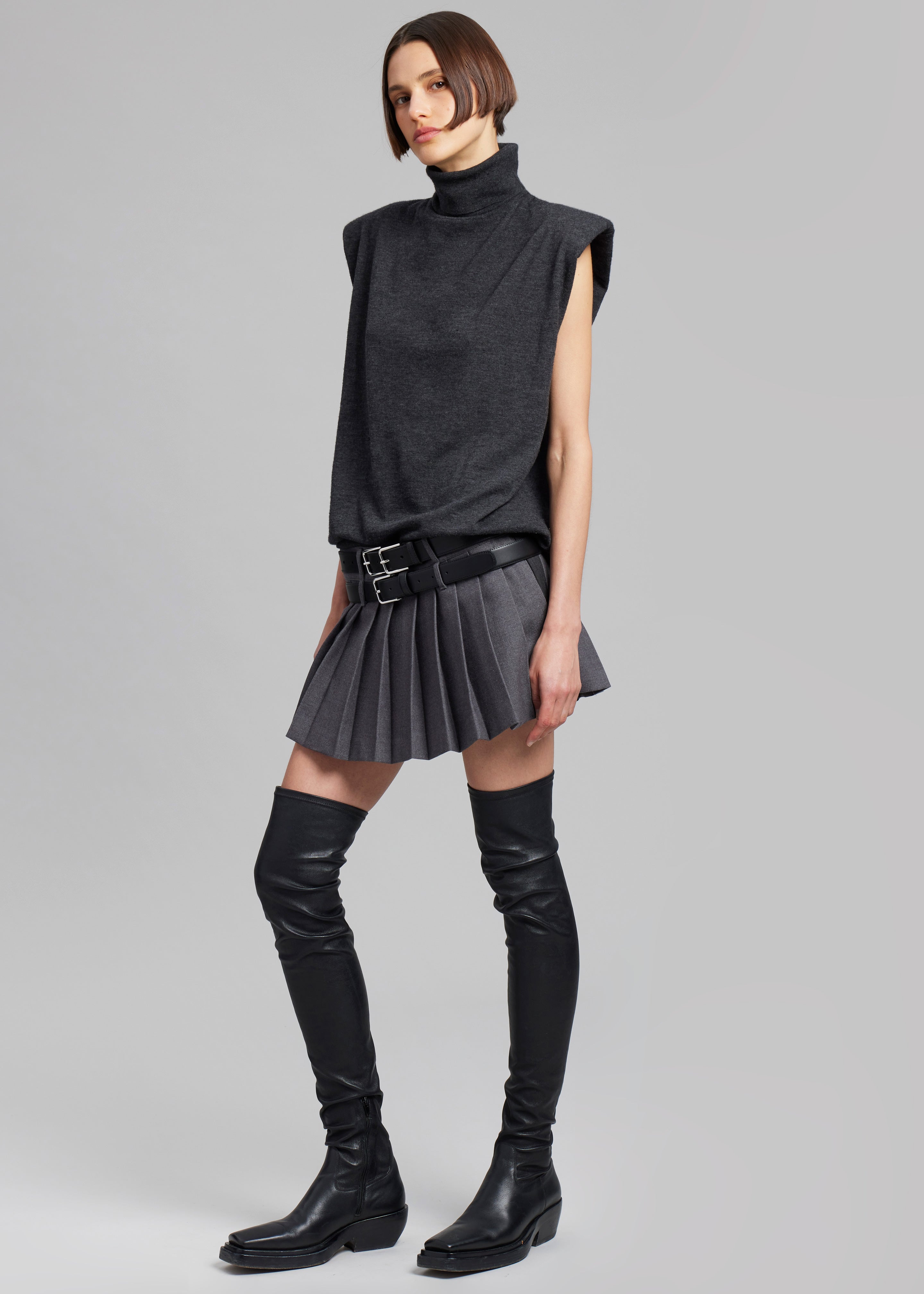 Wednesday Belted Pleated Skirt - Dark Grey Melange