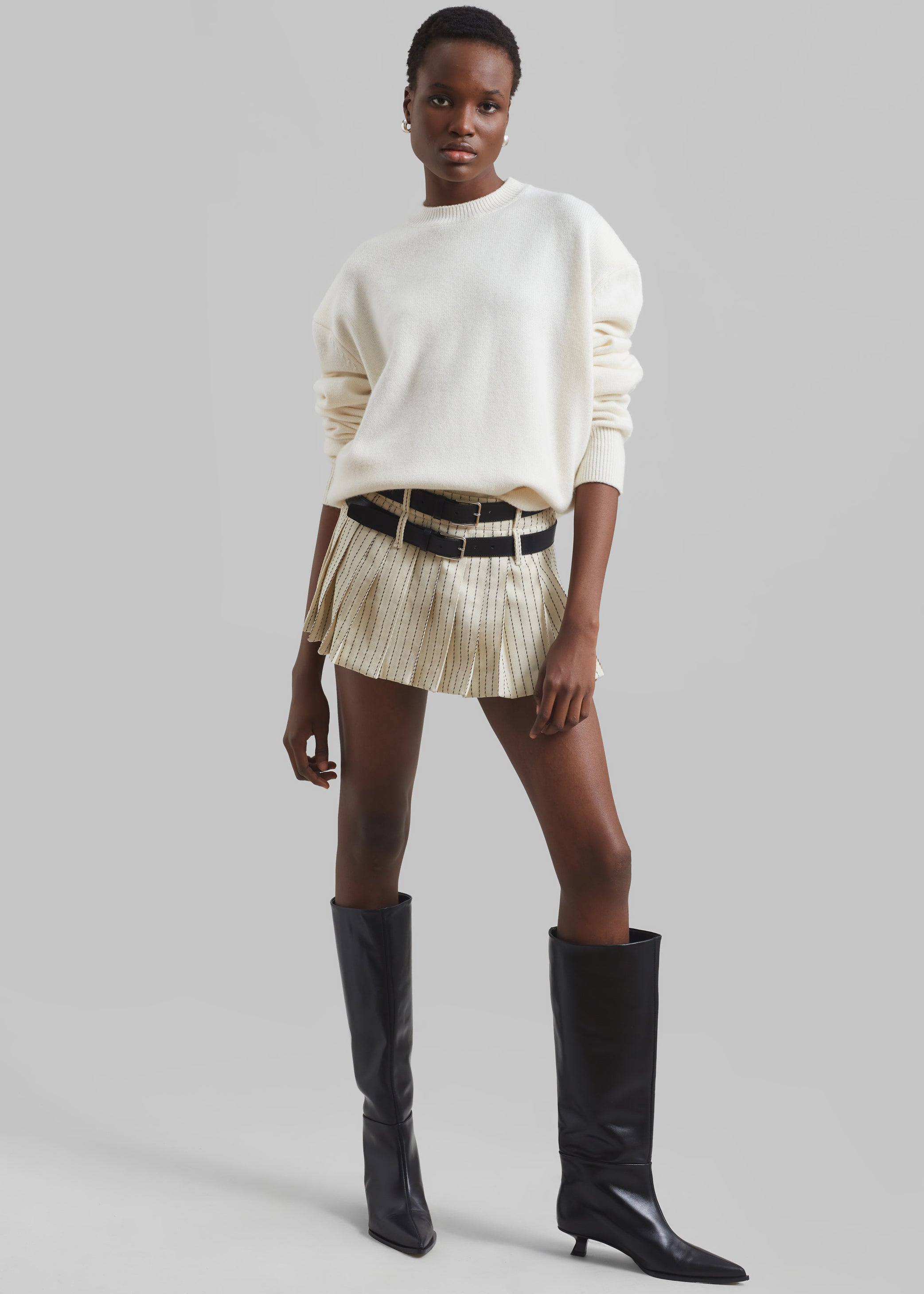 Shop the look image for Blake Pleated Twill Mini Skirt - Light Beige/Black Pinstripe