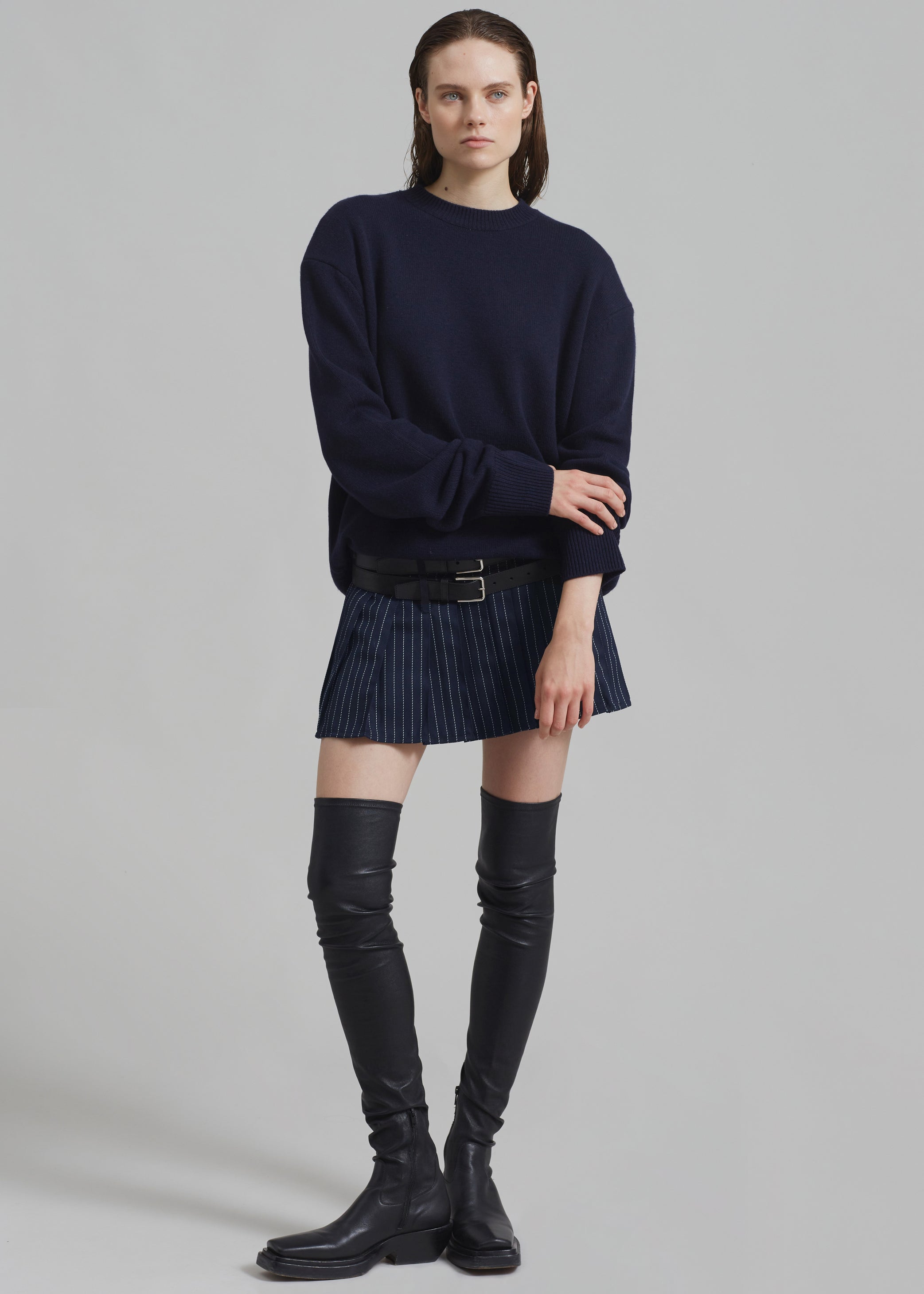 Shop the look image for Blake Pleated Twill Mini Skirt - Navy/White Pinstripe