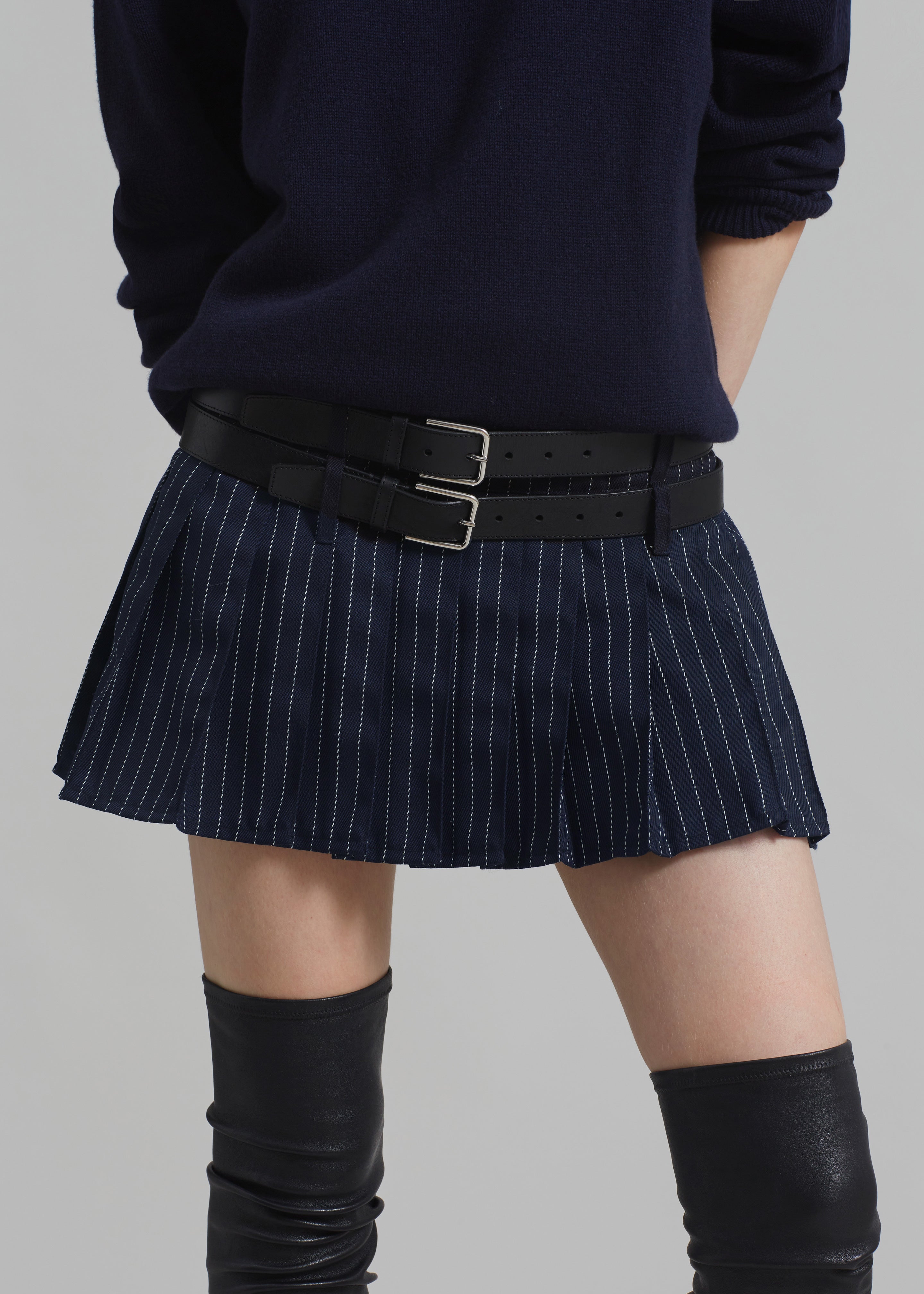Blake Pleated Twill Mini Skirt - Navy/White Pinstripe - 4