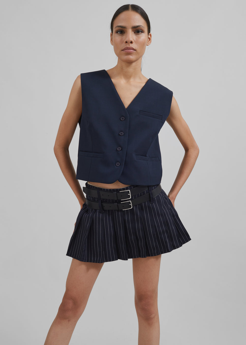 Blake Pleated Twill Mini Skirt - Navy/White Pinstripe