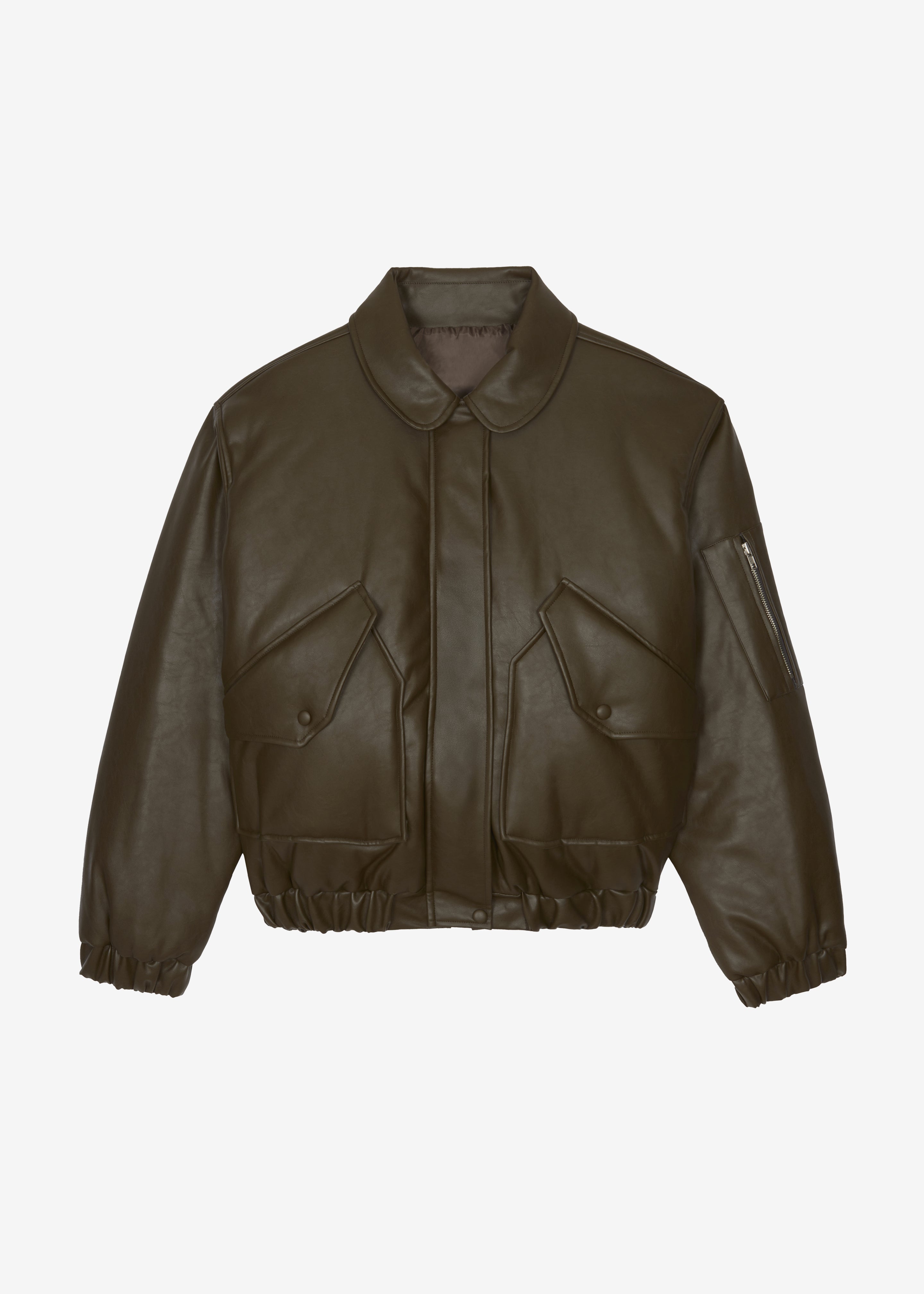 Blane Faux Leather Padded Bomber Jacket - Khaki Brown - 8