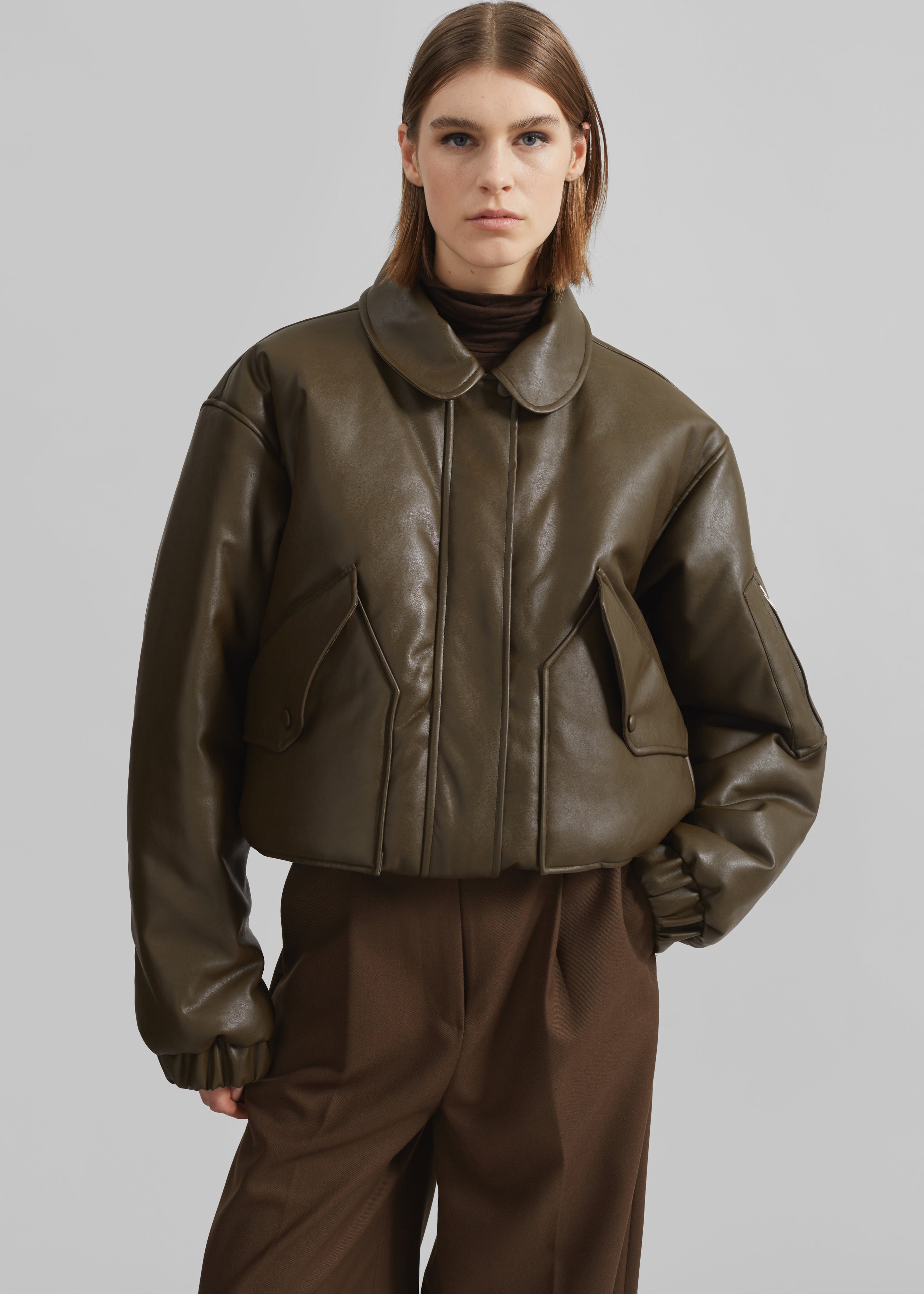 Blane Faux Leather Padded Bomber Jacket - Khaki Brown - 6