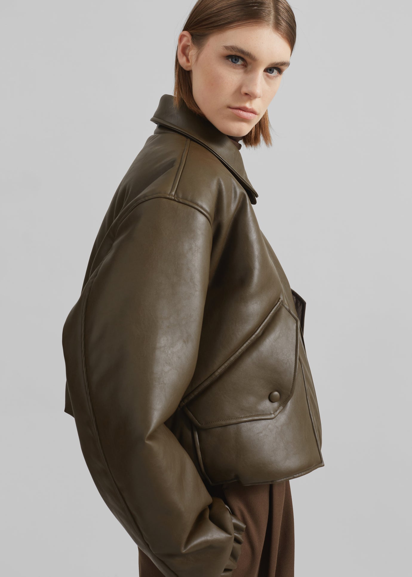 Blane Faux Leather Padded Bomber Jacket - Khaki Brown - 1