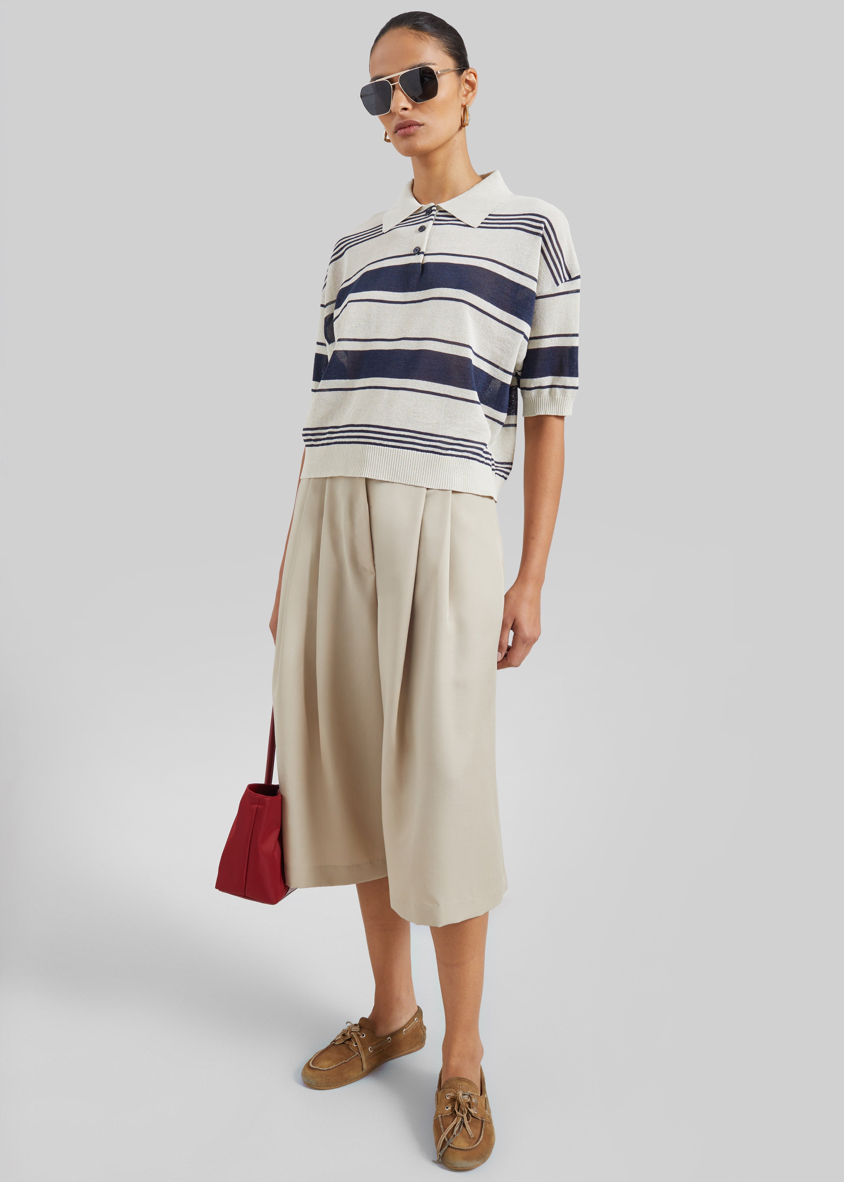 Bolea Knit Polo Top - Beige/Navy Stripe - 4