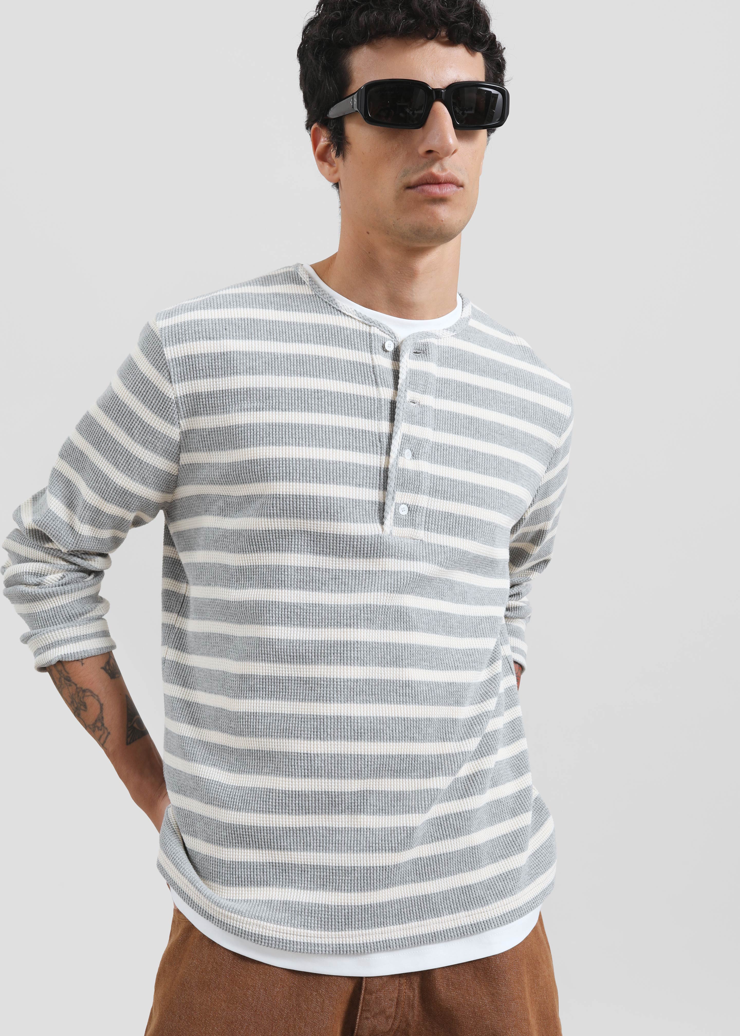 Bourke Soft Cotton Henley T-Shirt - Grey/White Stripe - 4