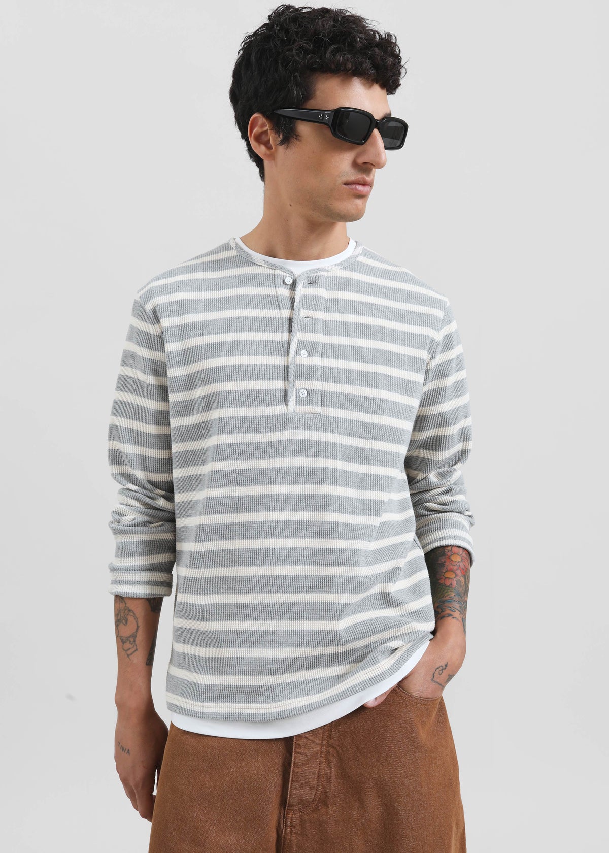 Bourke Soft Cotton Henley T-Shirt - Grey/White Stripe - 2