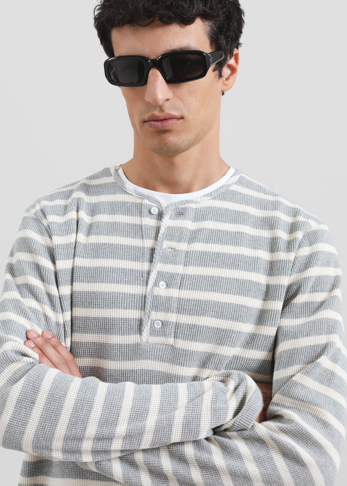 Bourke Soft Cotton Henley T-Shirt - Grey/White Stripe - 3