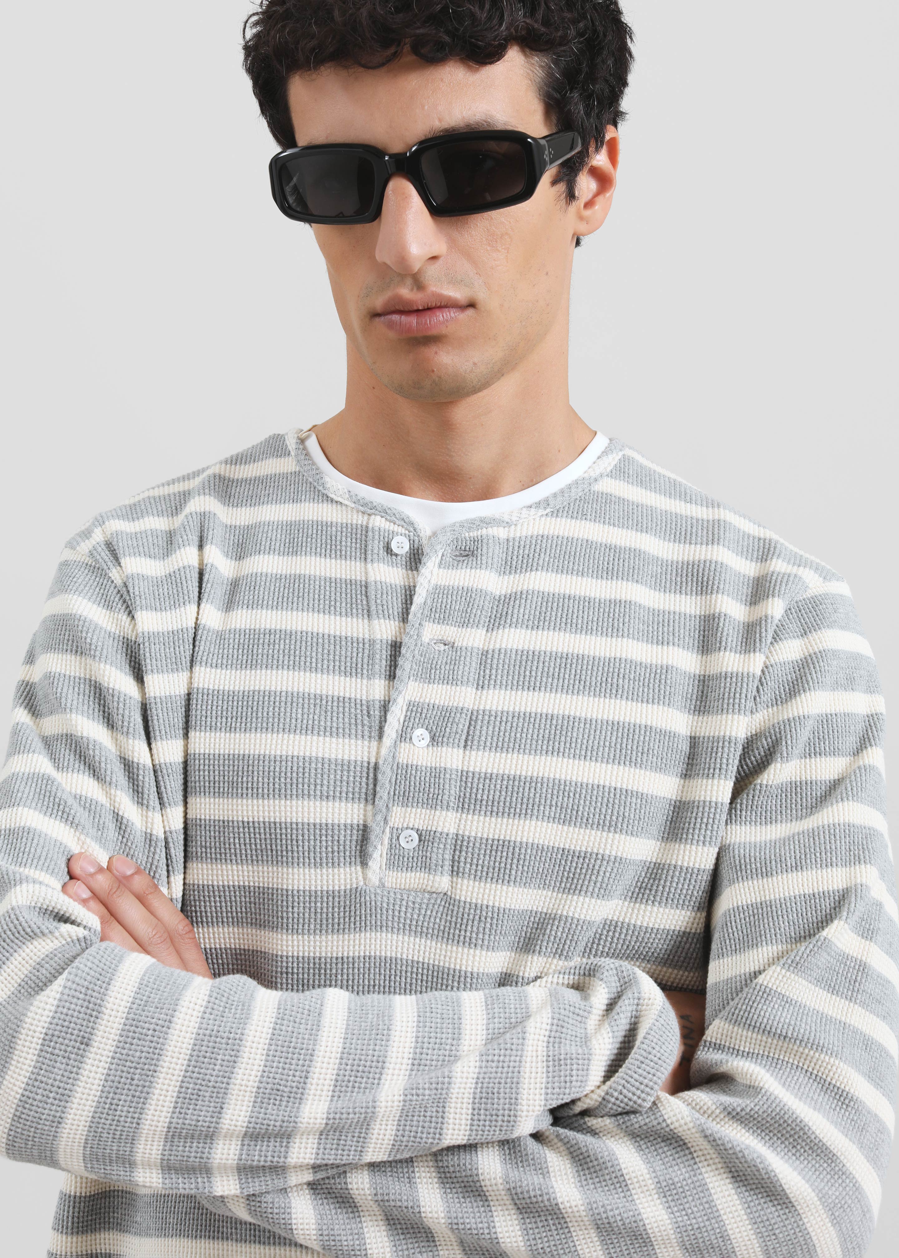 Bourke Soft Cotton Henley T-Shirt - Grey/White Stripe - 3