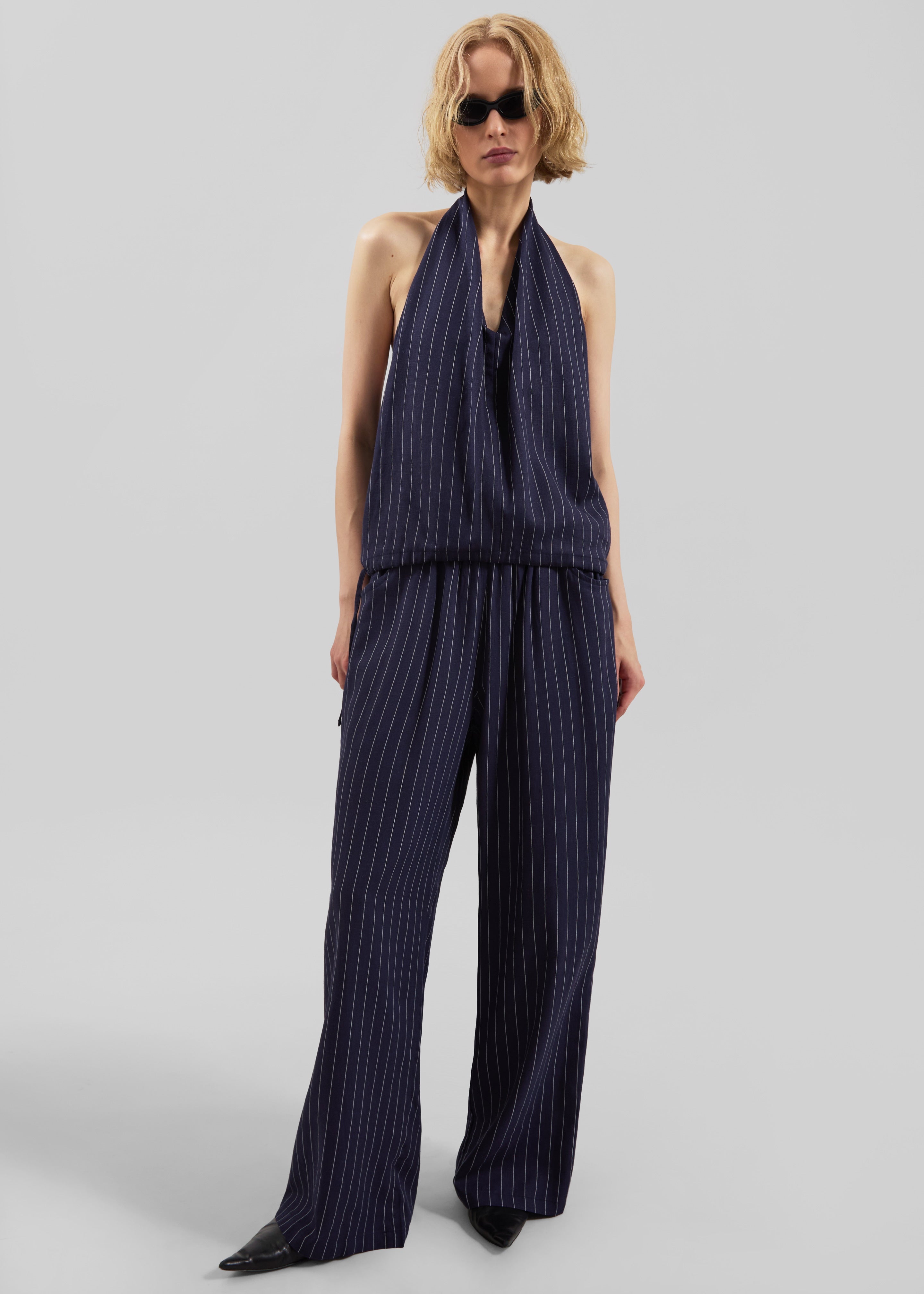 Branton Drawstring Halter Top - Navy/White Pinstripe - 5