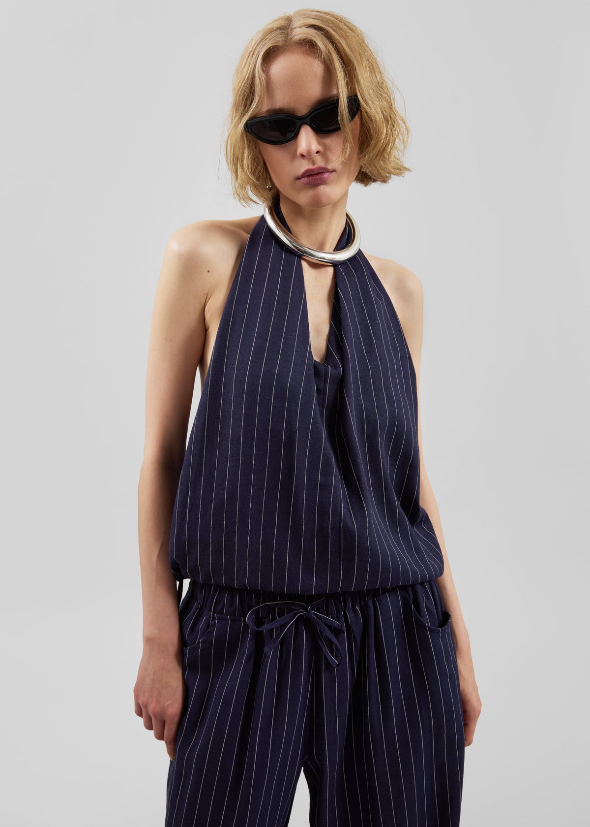 Branton Drawstring Halter Top - Navy/White Pinstripe - 7