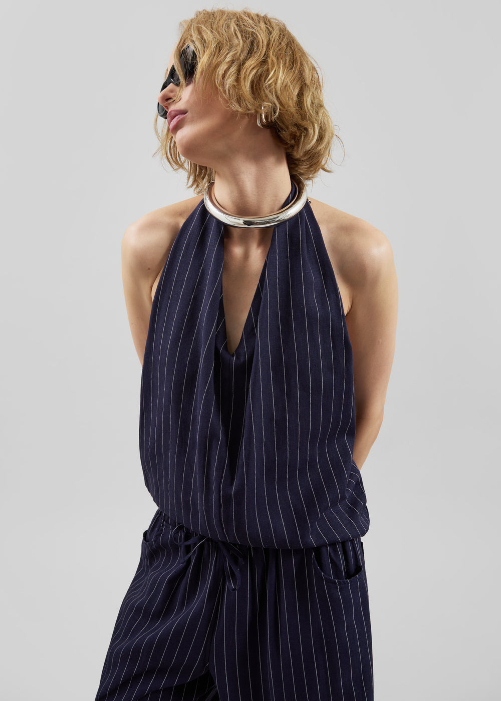 Branton Drawstring Halter Top - Navy/White Pinstripe