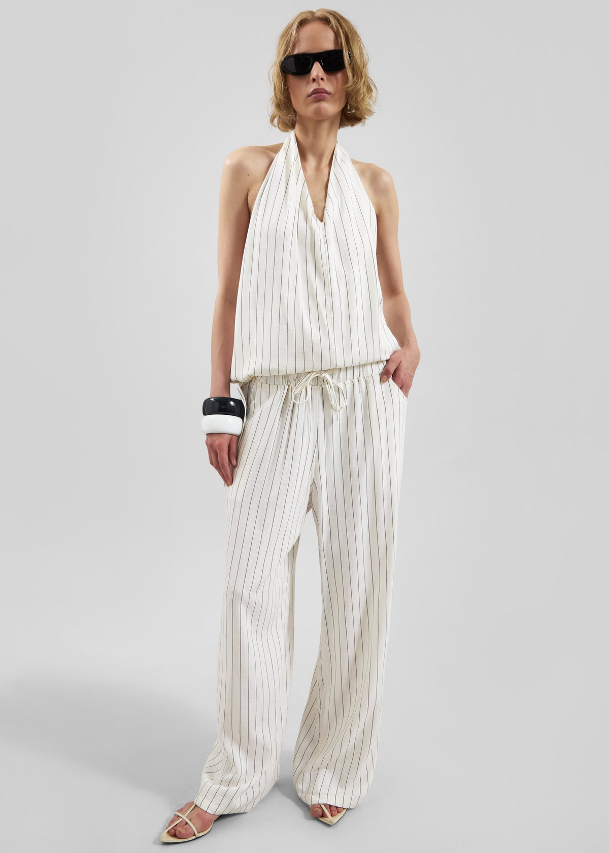 Branton Drawstring Halter Top - White/Black Pinstripe - 7