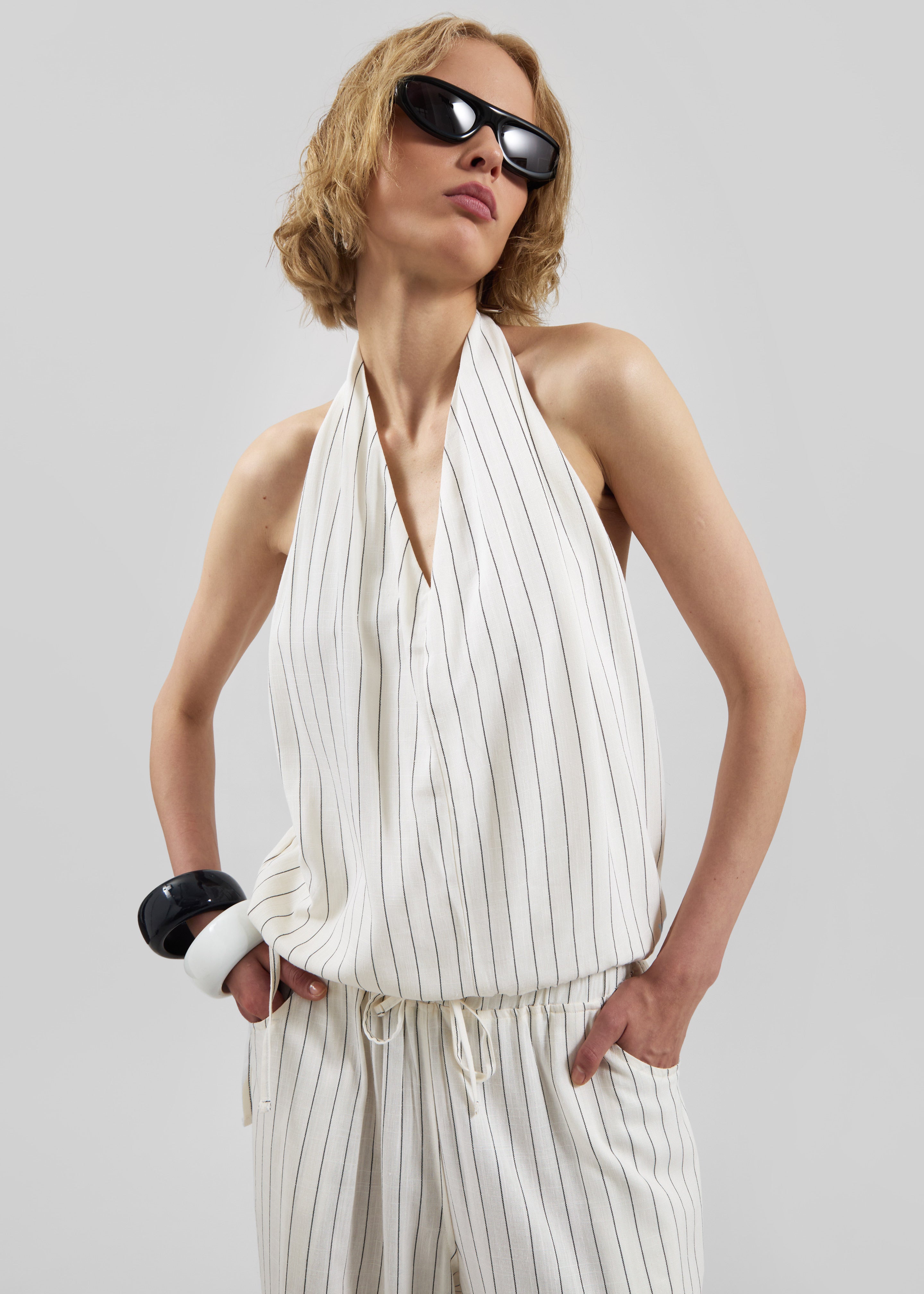 Branton Drawstring Halter Top - White/Black Pinstripe - 1