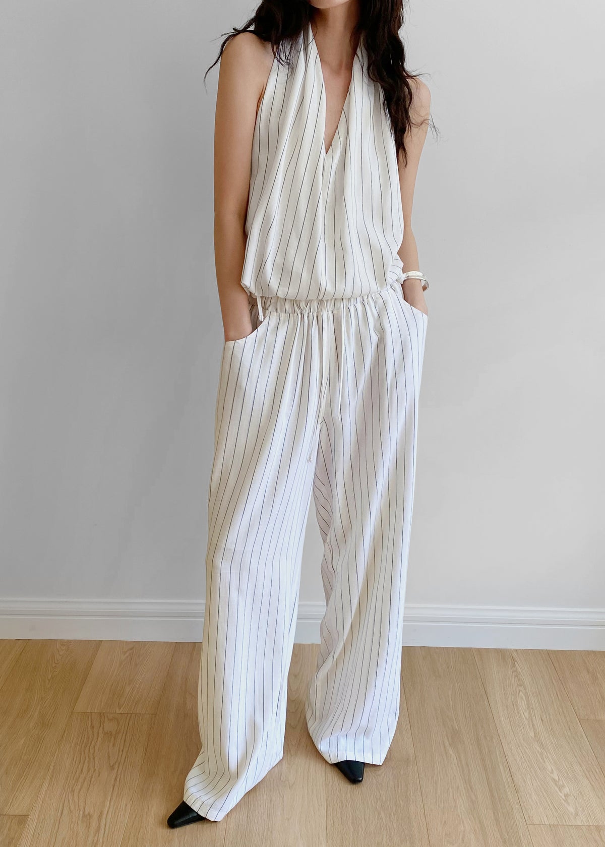 Branton Drawstring Halter Top - White/Black Pinstripe - 2