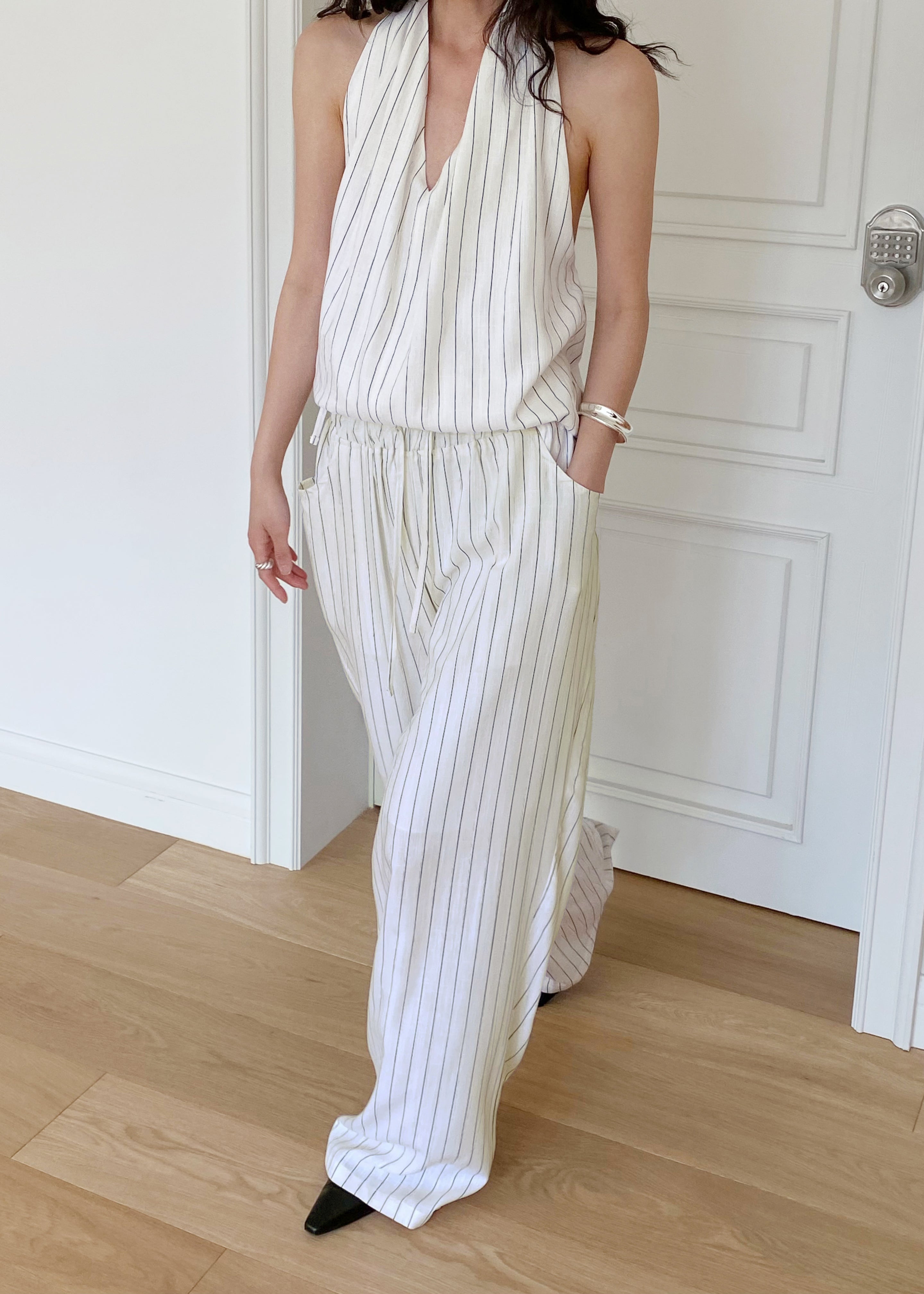 Branton Drawstring Halter Top - White/Black Pinstripe - 5