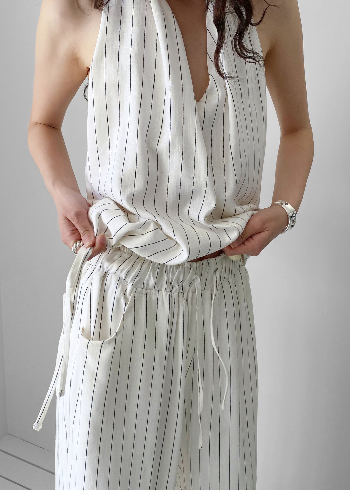 Branton Drawstring Halter Top - White/Black Pinstripe - 3