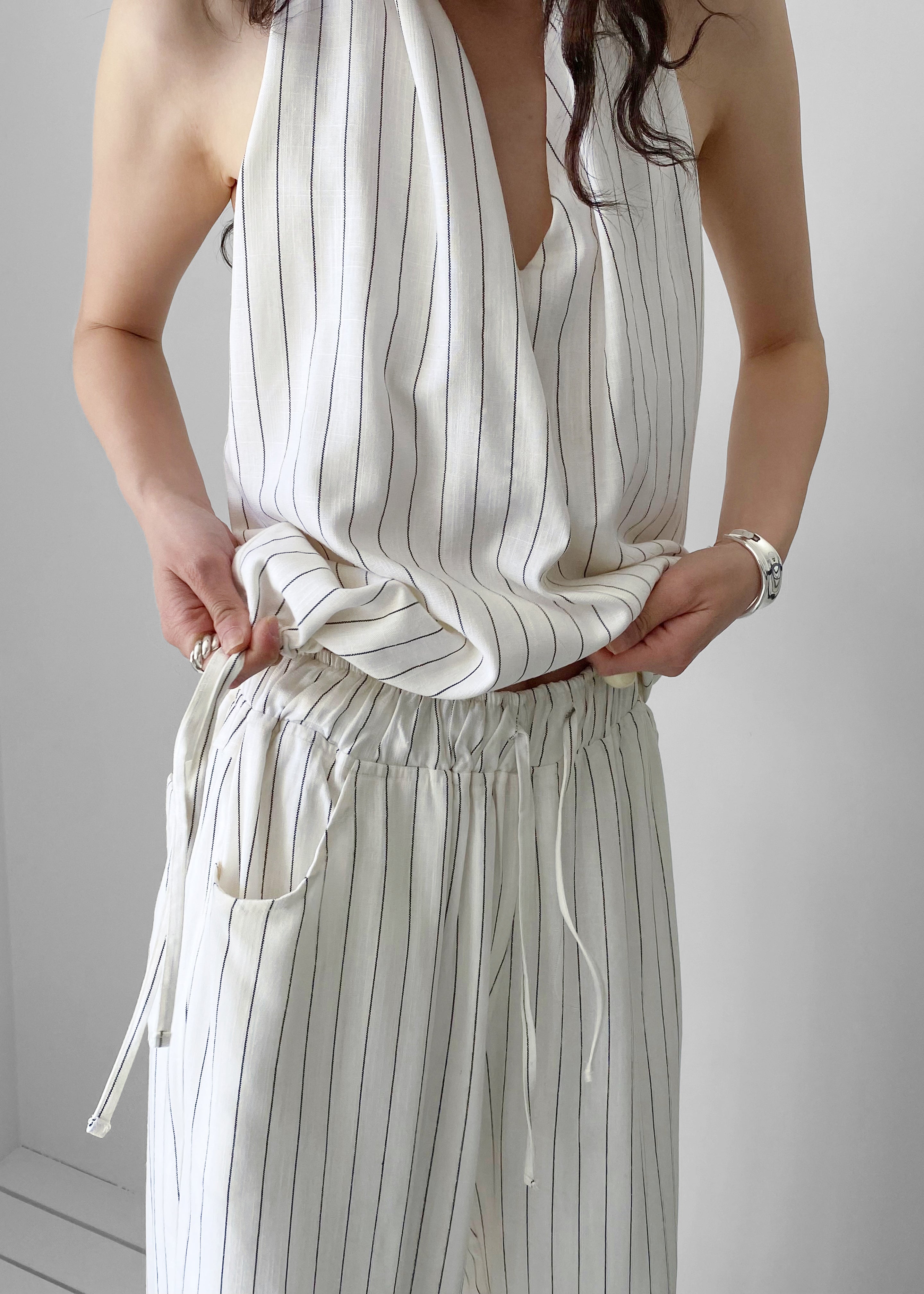 Branton Drawstring Halter Top - White/Black Pinstripe - 3