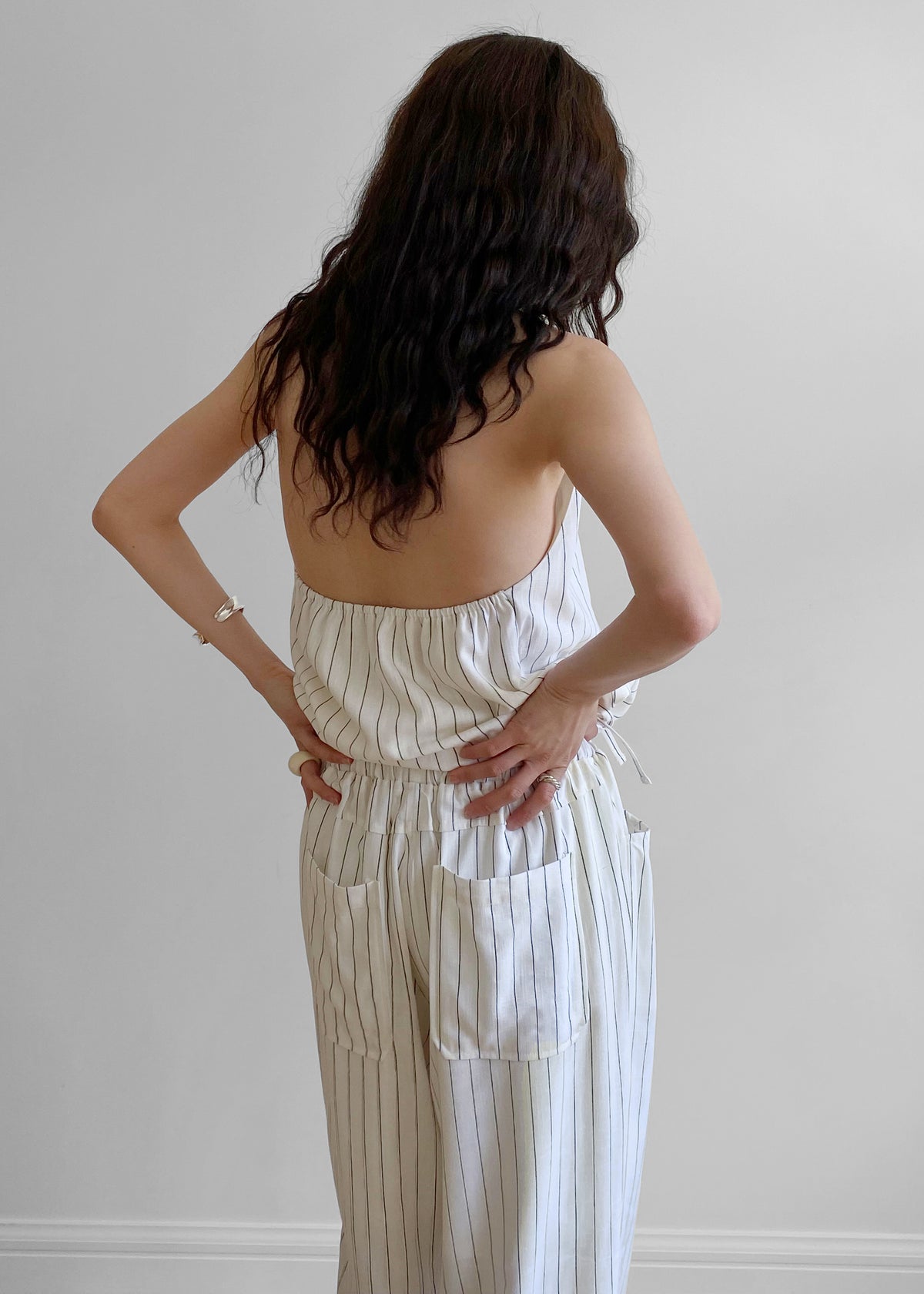 Branton Drawstring Halter Top - White/Black Pinstripe - 6