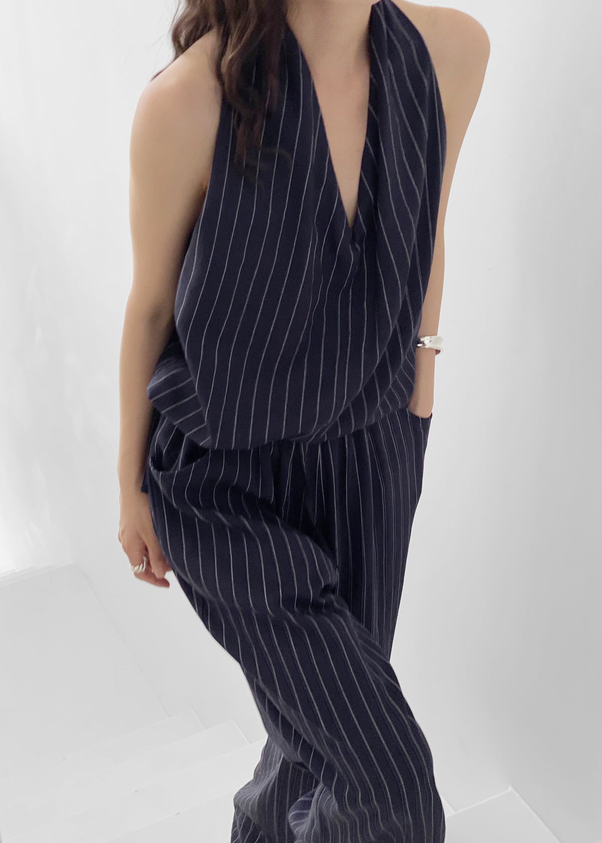 Branton Drawstring Halter Top - Navy/White Pinstripe - 3