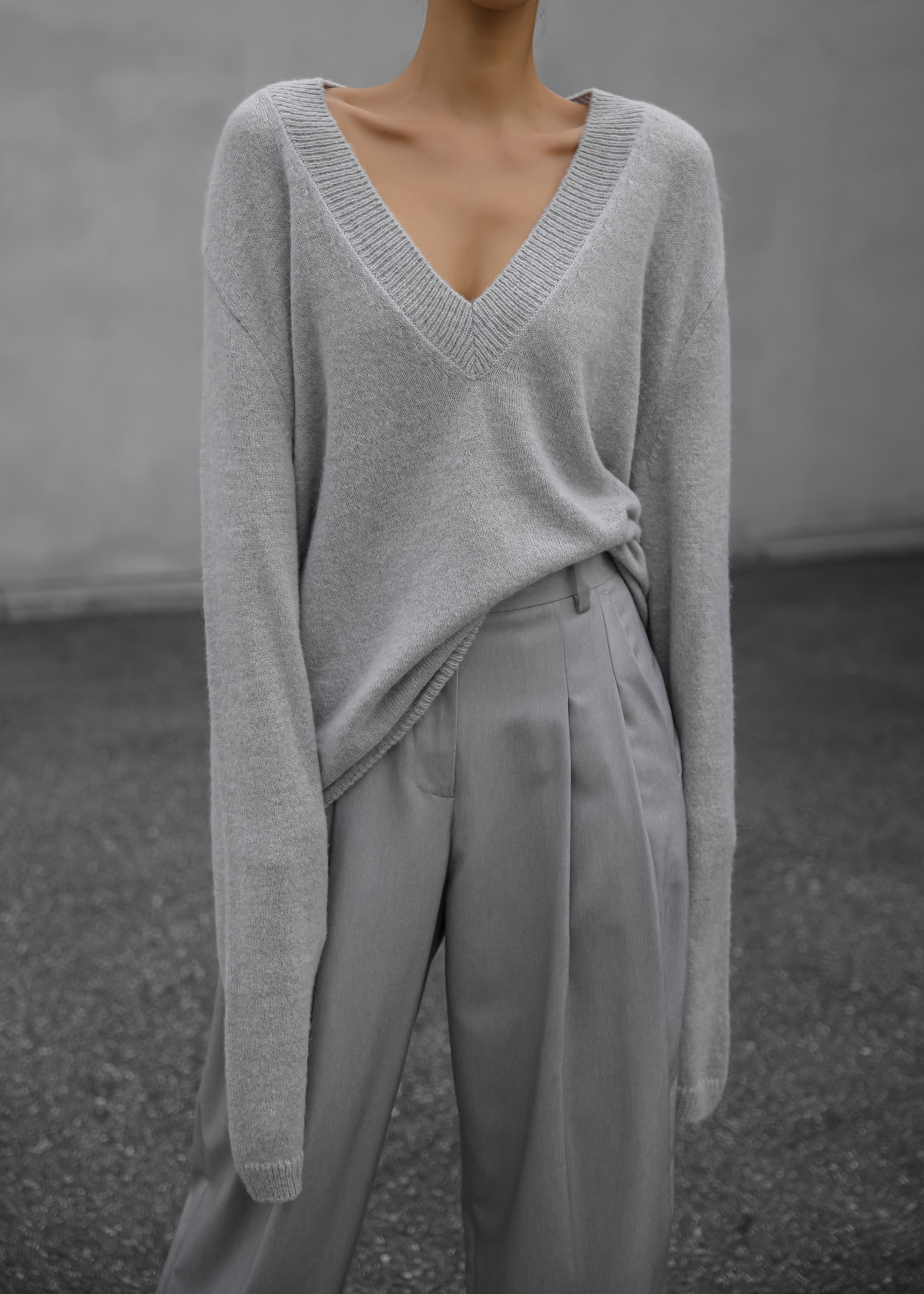 Brayden V Neck Sweater - Light Grey - 1