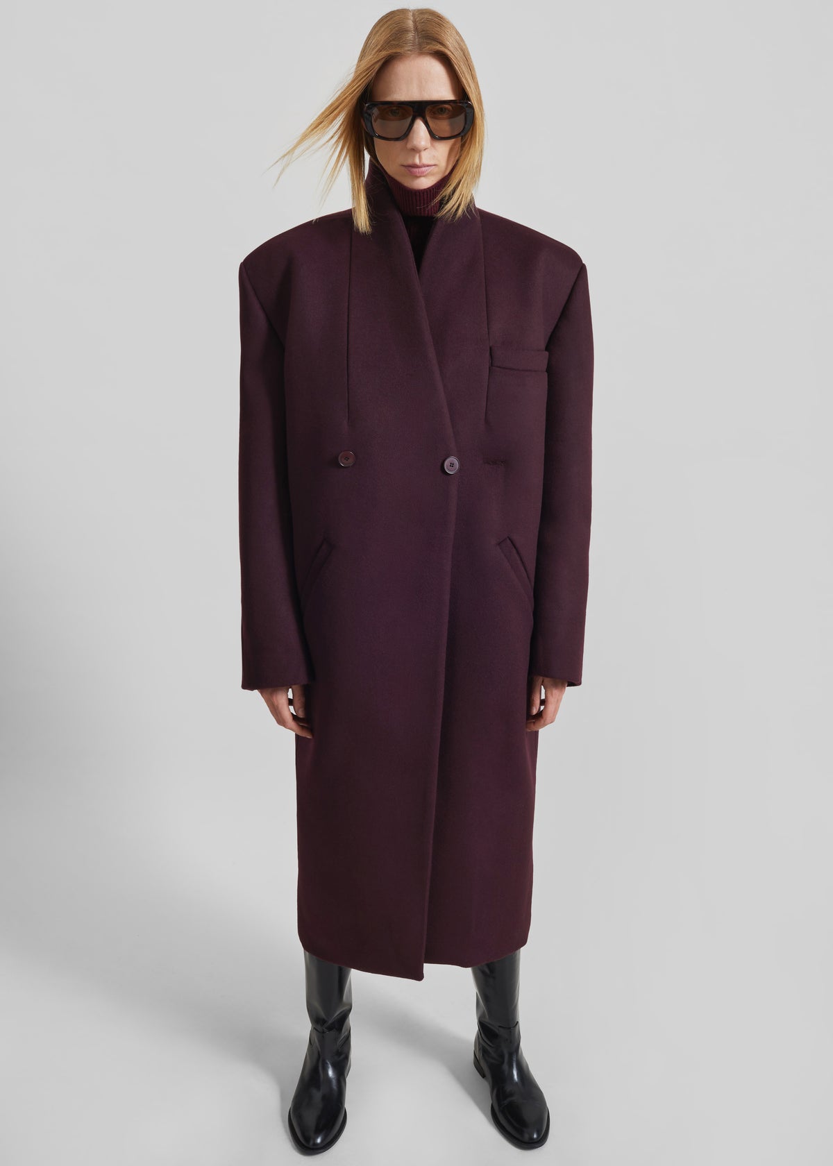 Brea Collarless Coat - Burgundy