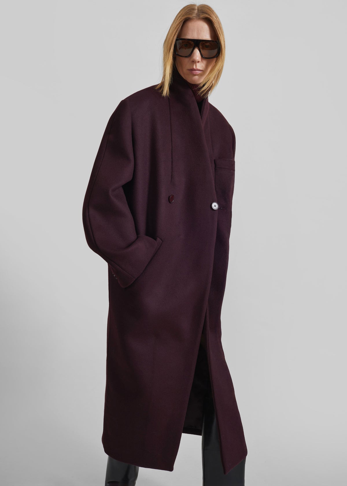 Brea Collarless Coat - Burgundy