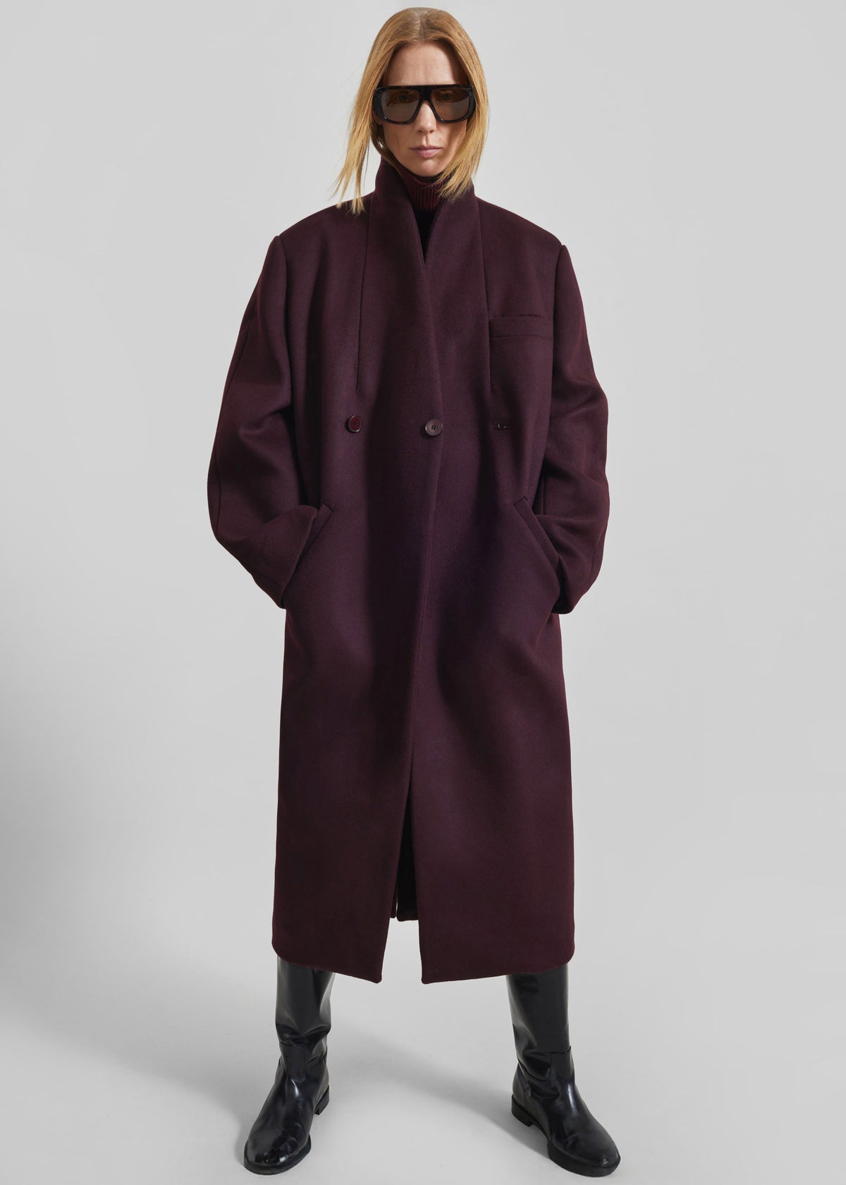 Brea Collarless Coat - Burgundy