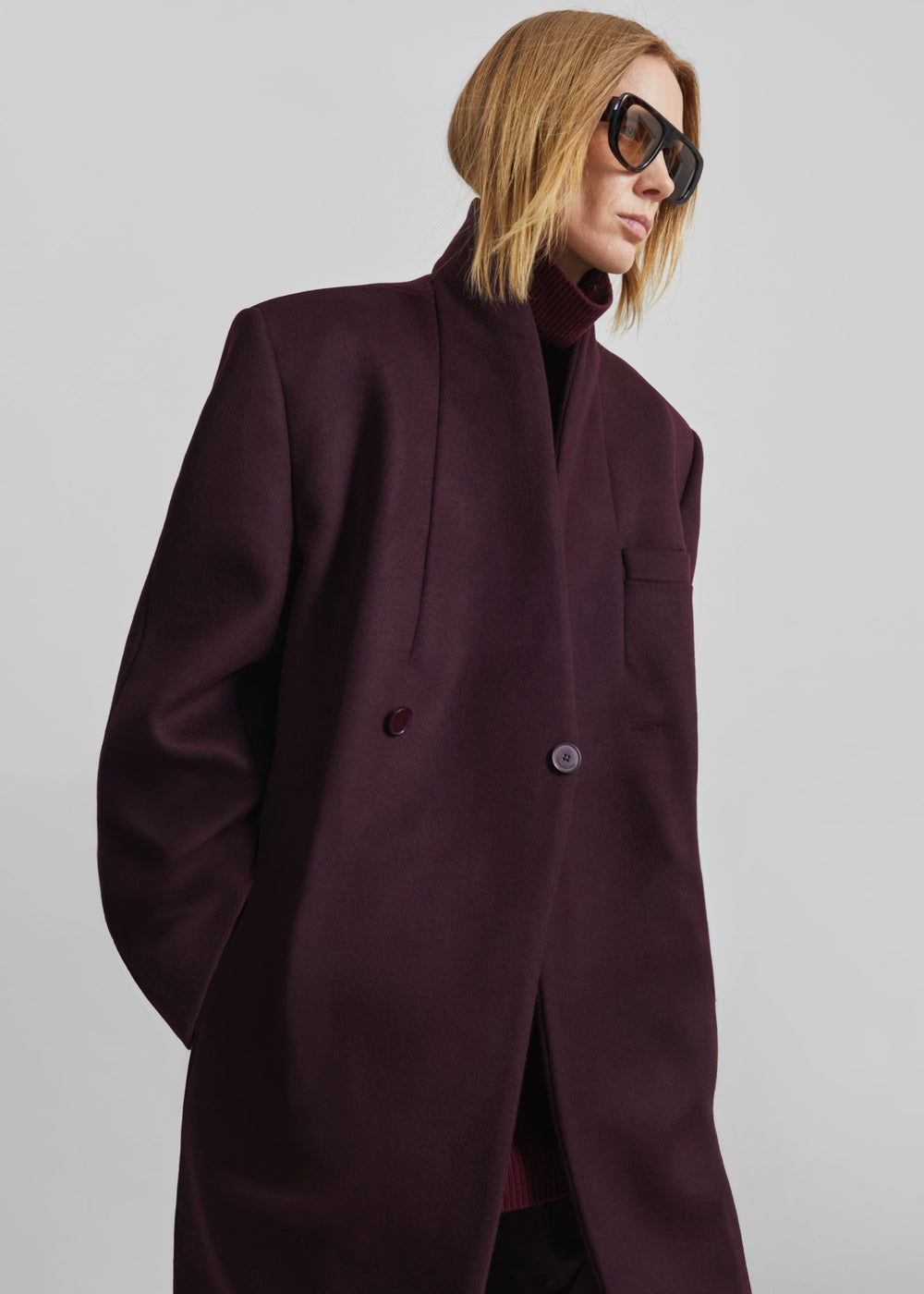 Brea Collarless Coat - Burgundy - 1