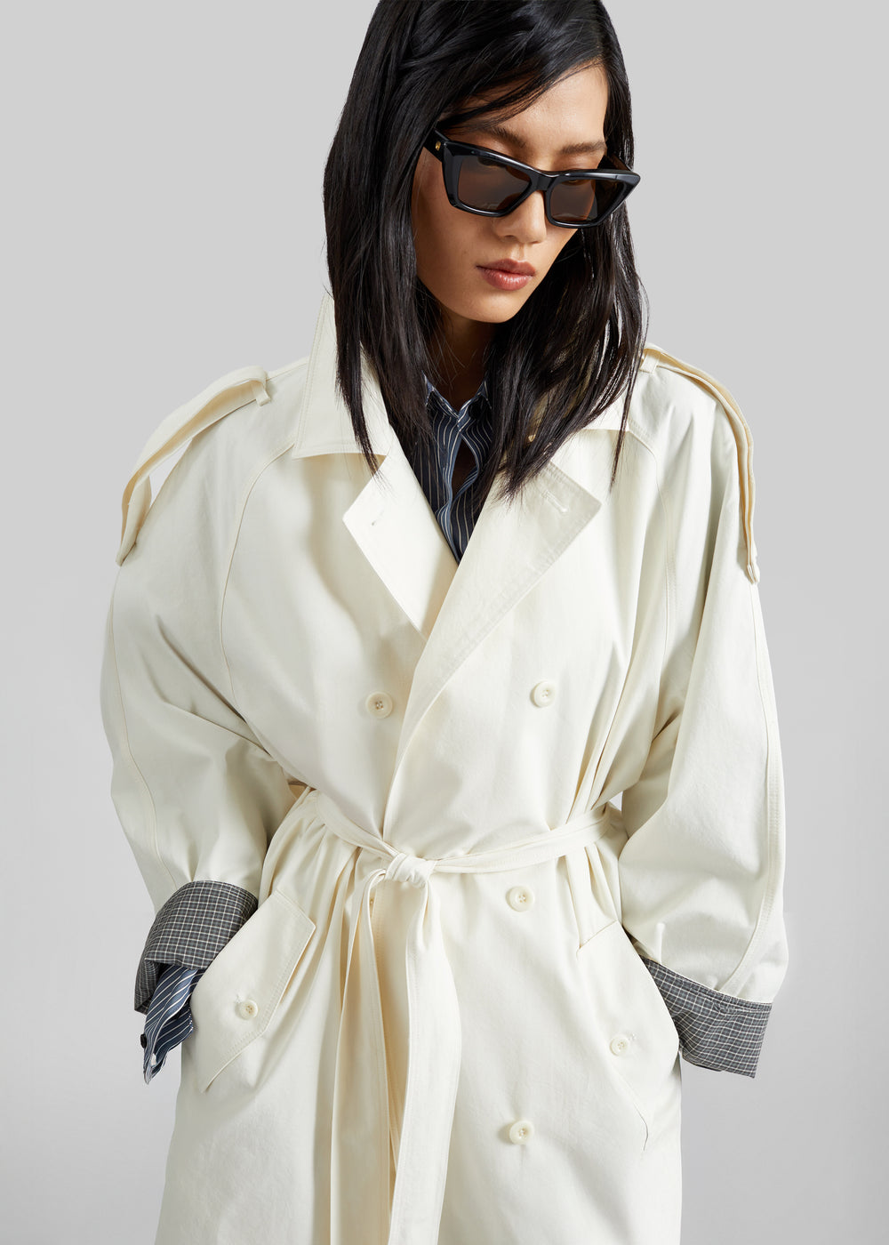 Brion Contrast Cuff Trench Coat - Cream - 1