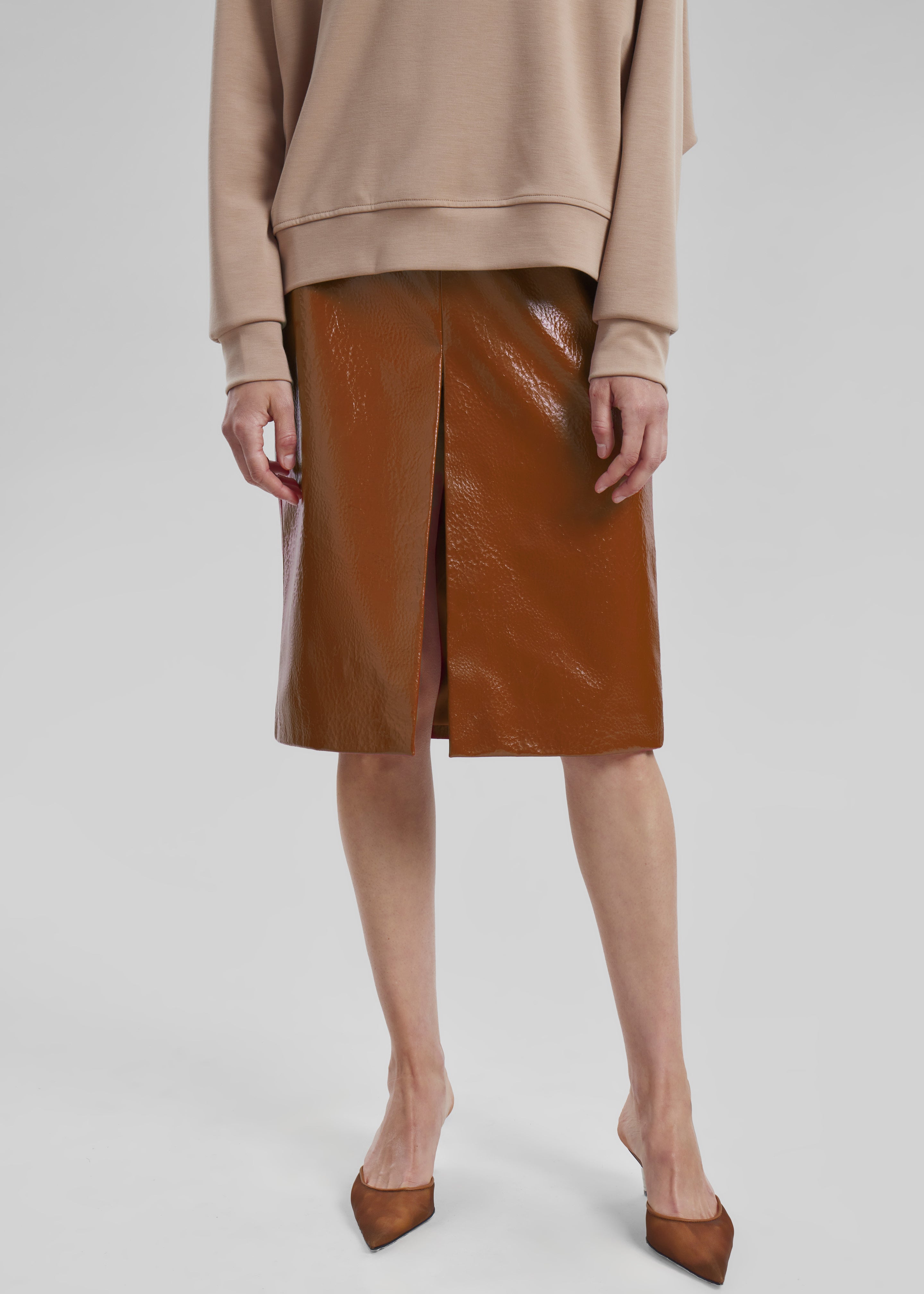 Britt Crackled Faux Leather Midi Skirt - Camel - 3