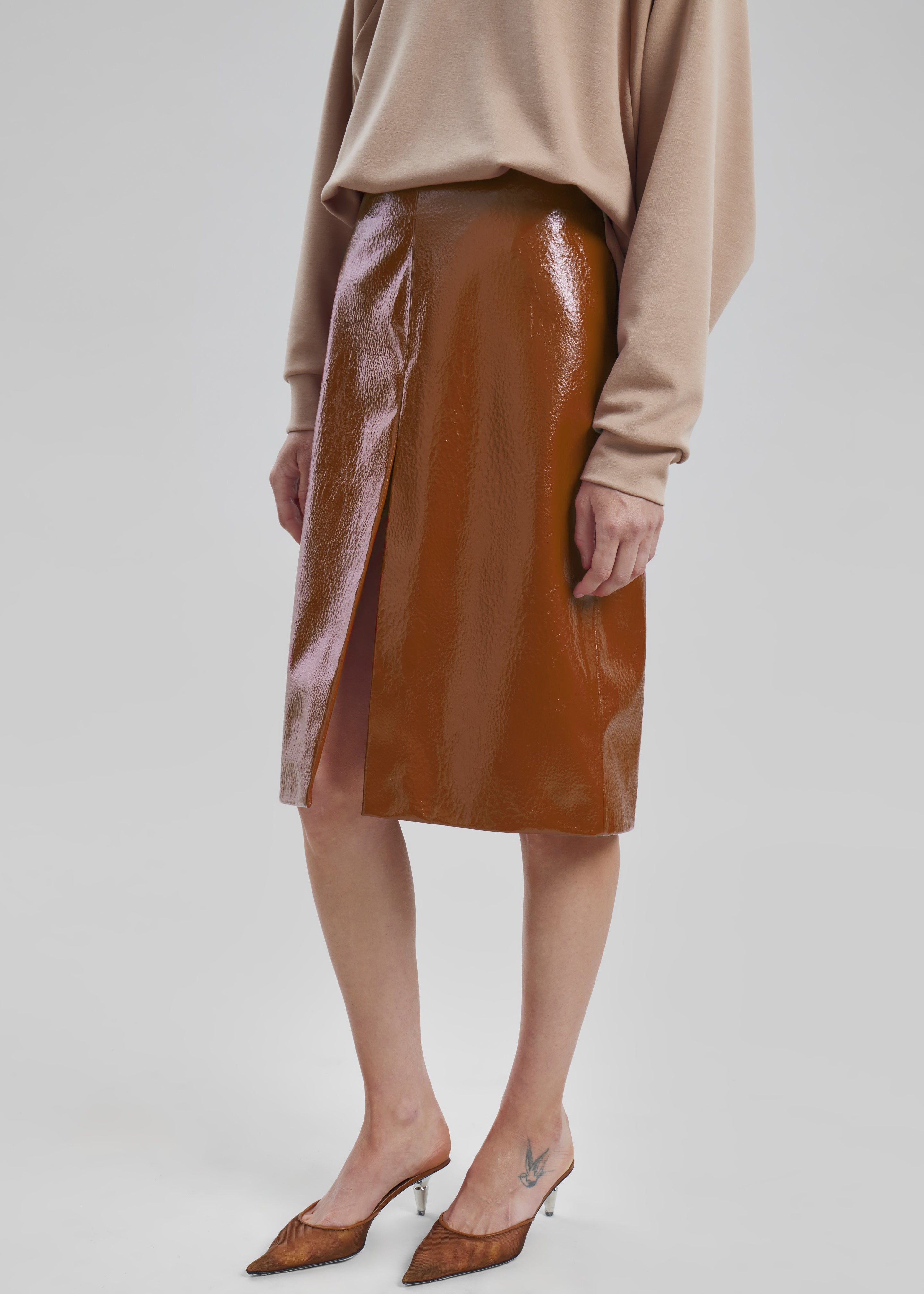 Britt Crackled Faux Leather Midi Skirt - Camel