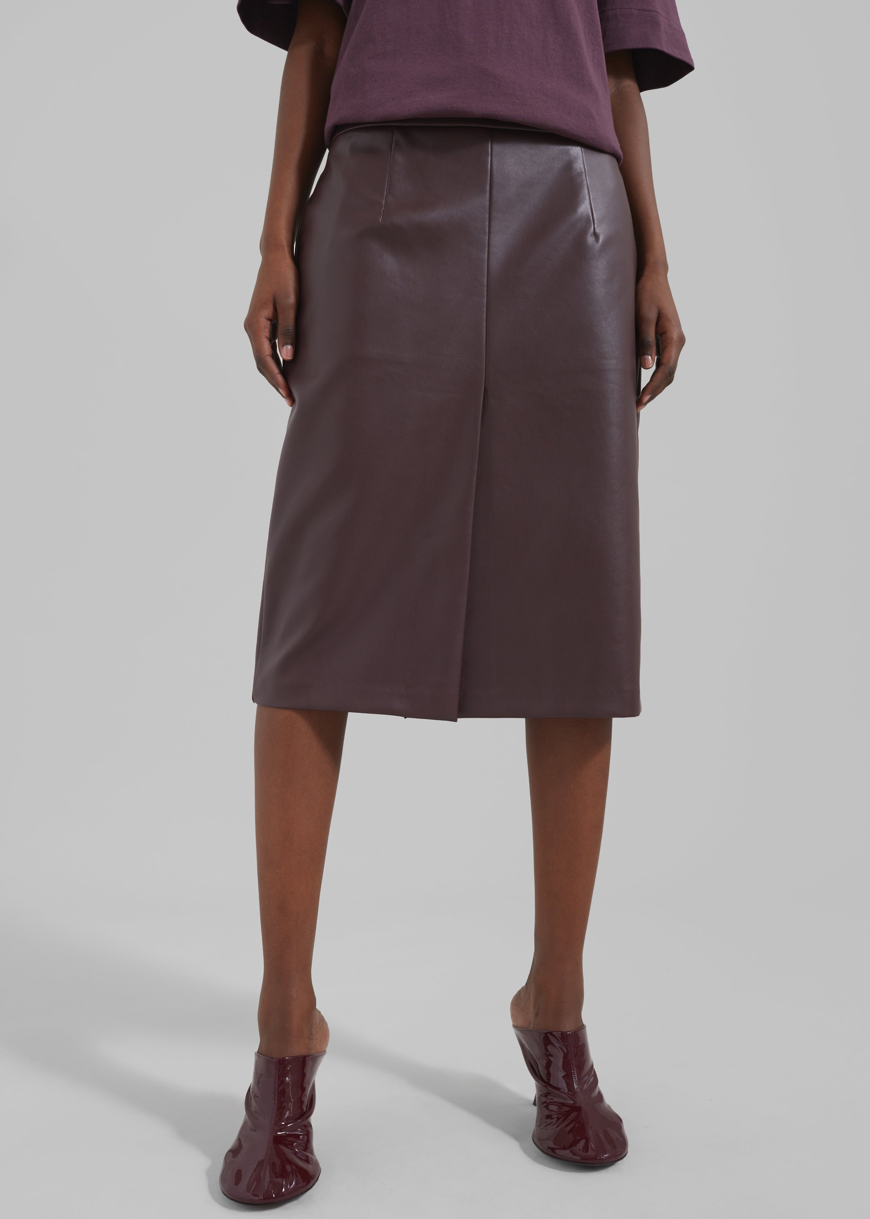 Brooklyn Faux Leather Midi Skirt - Burgundy - 3