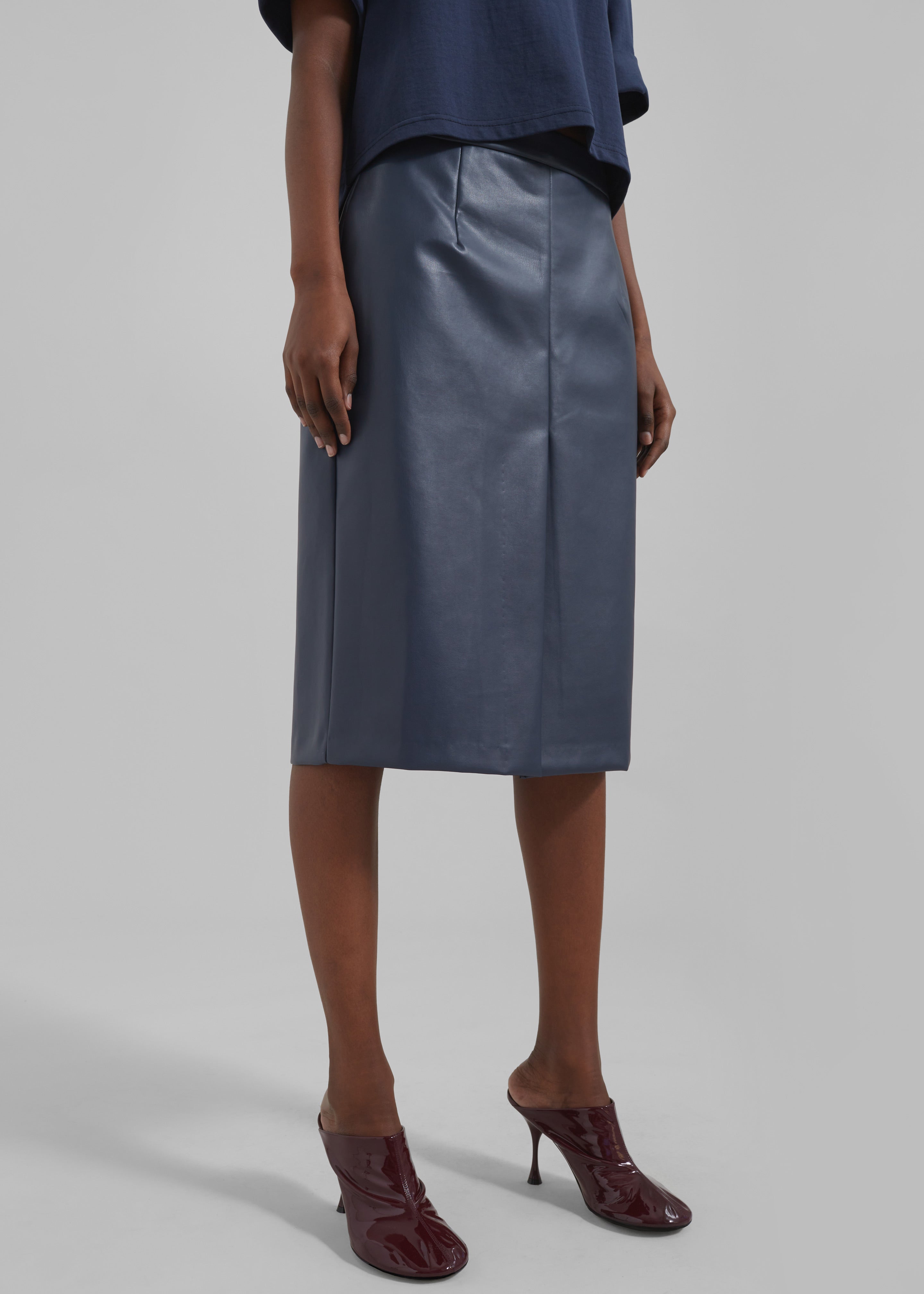 Brooklyn Faux Leather Midi Skirt - Navy - 3