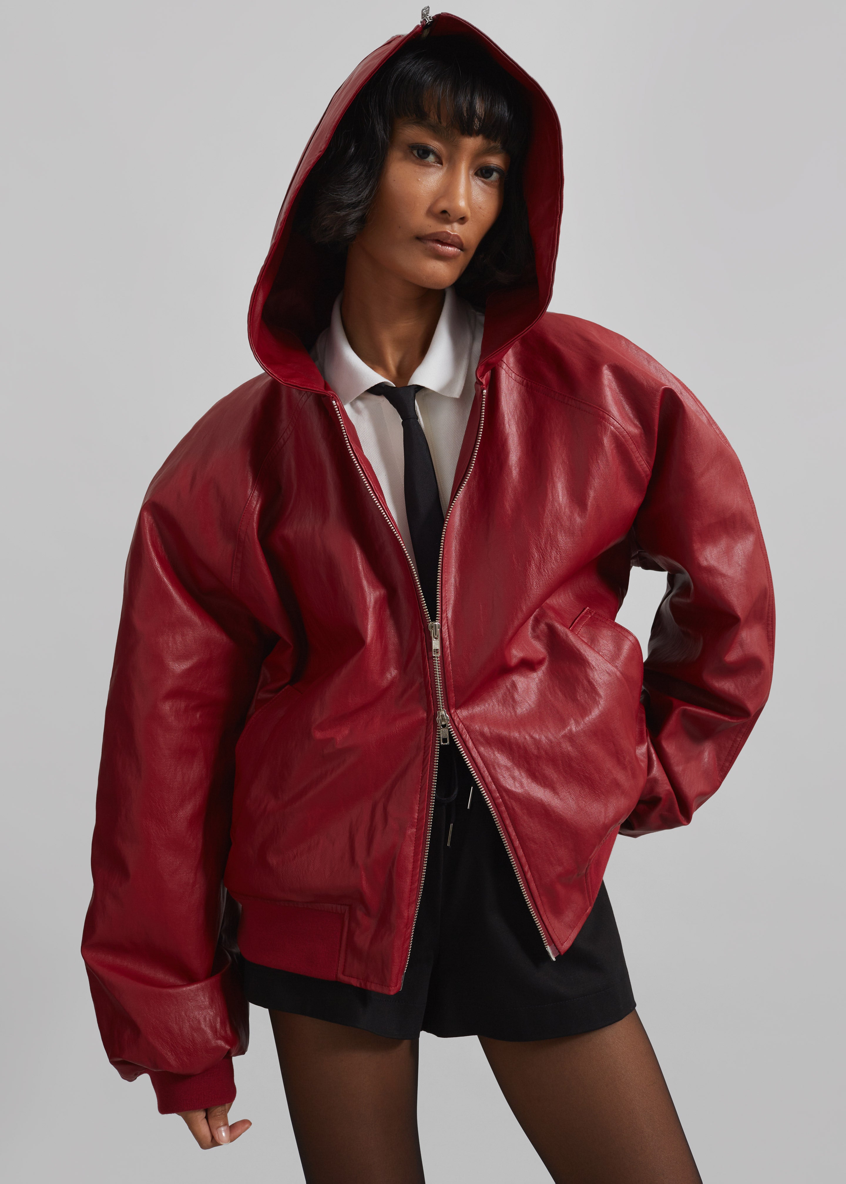 Burnaby Faux Leather Zip-Up Hoodie - Red - 4