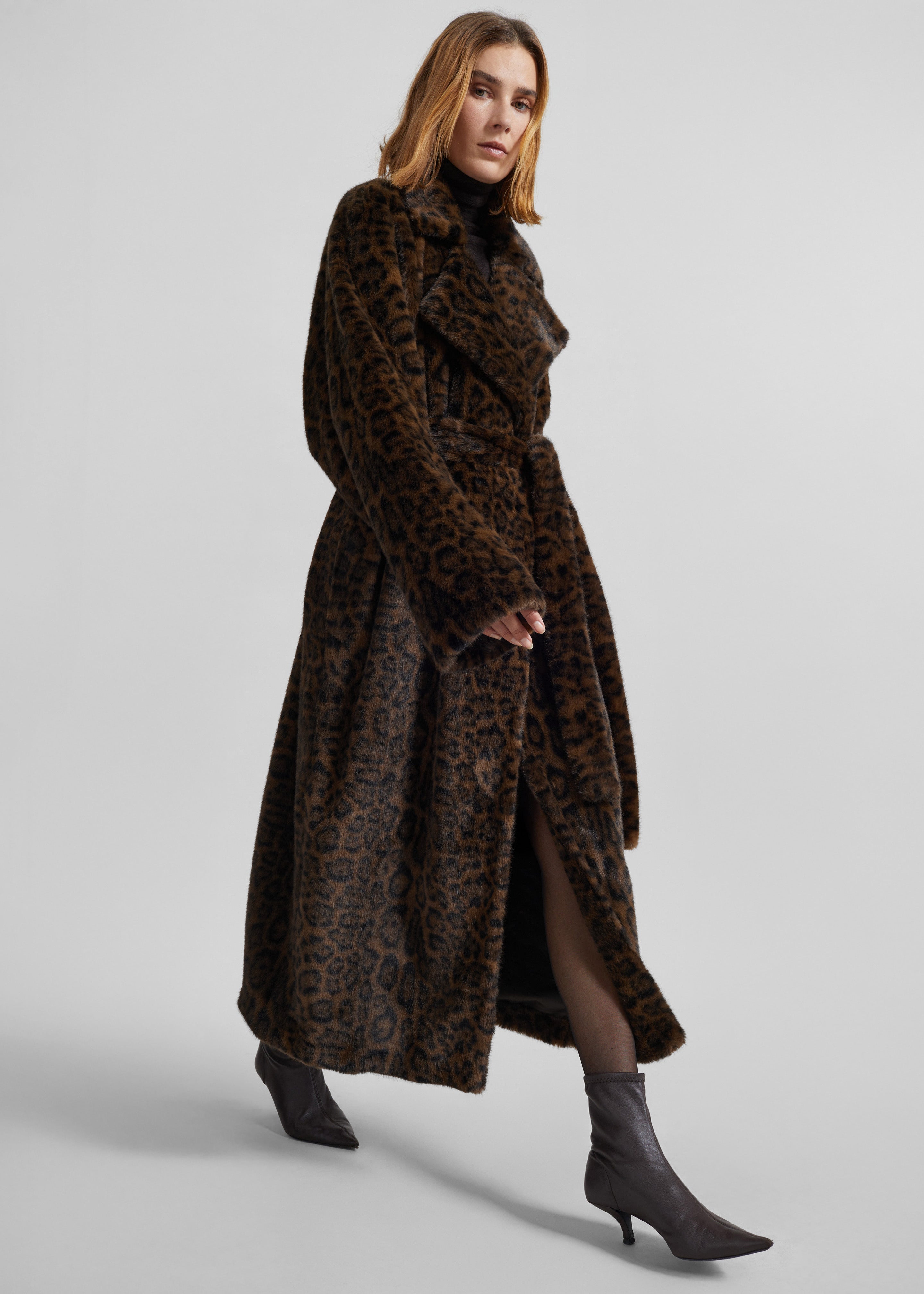 Cadence Faux Fur Long Coat - Leopard Brown - 8