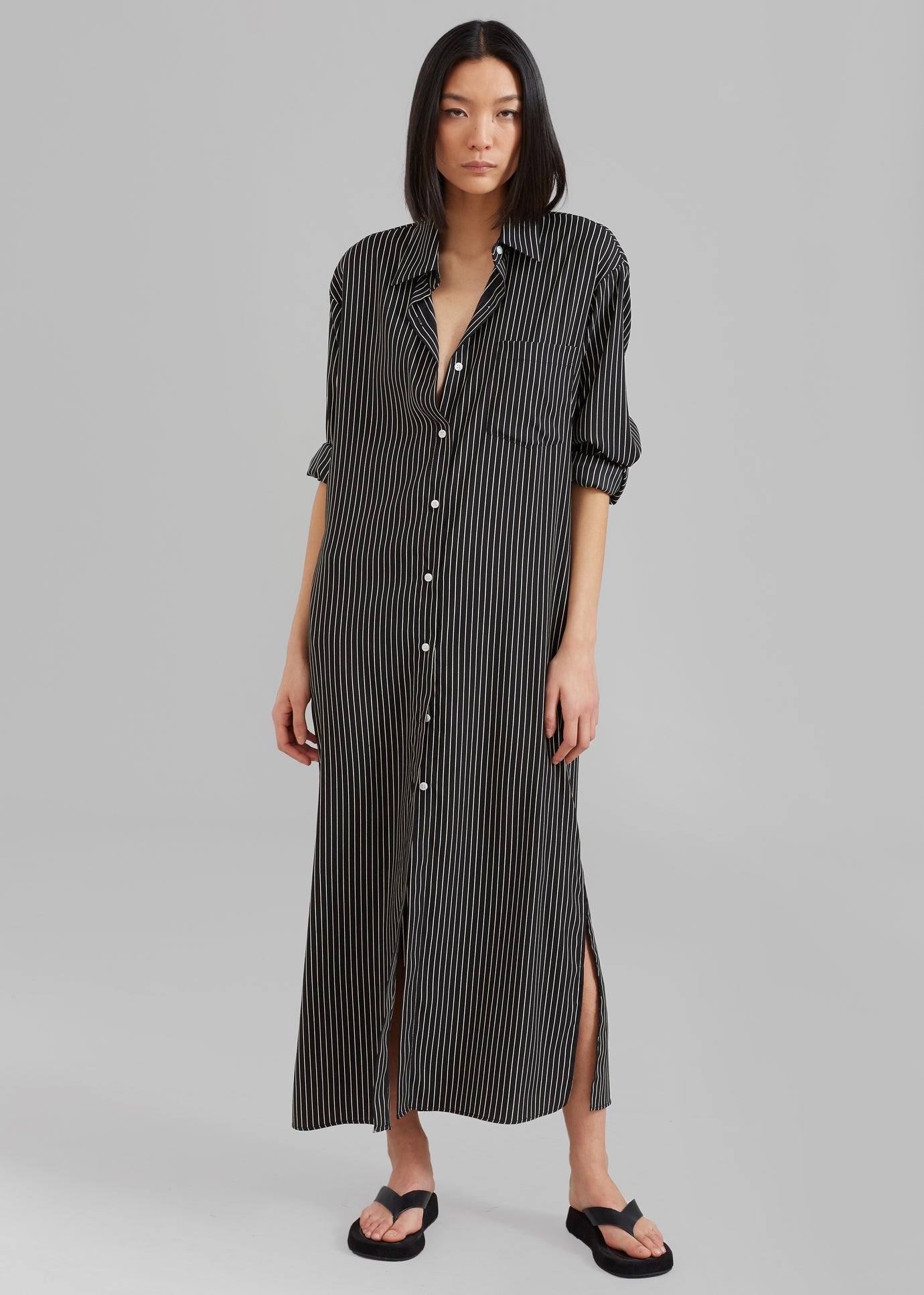 Cala Satin Shirt Dress - Black Pinstripe