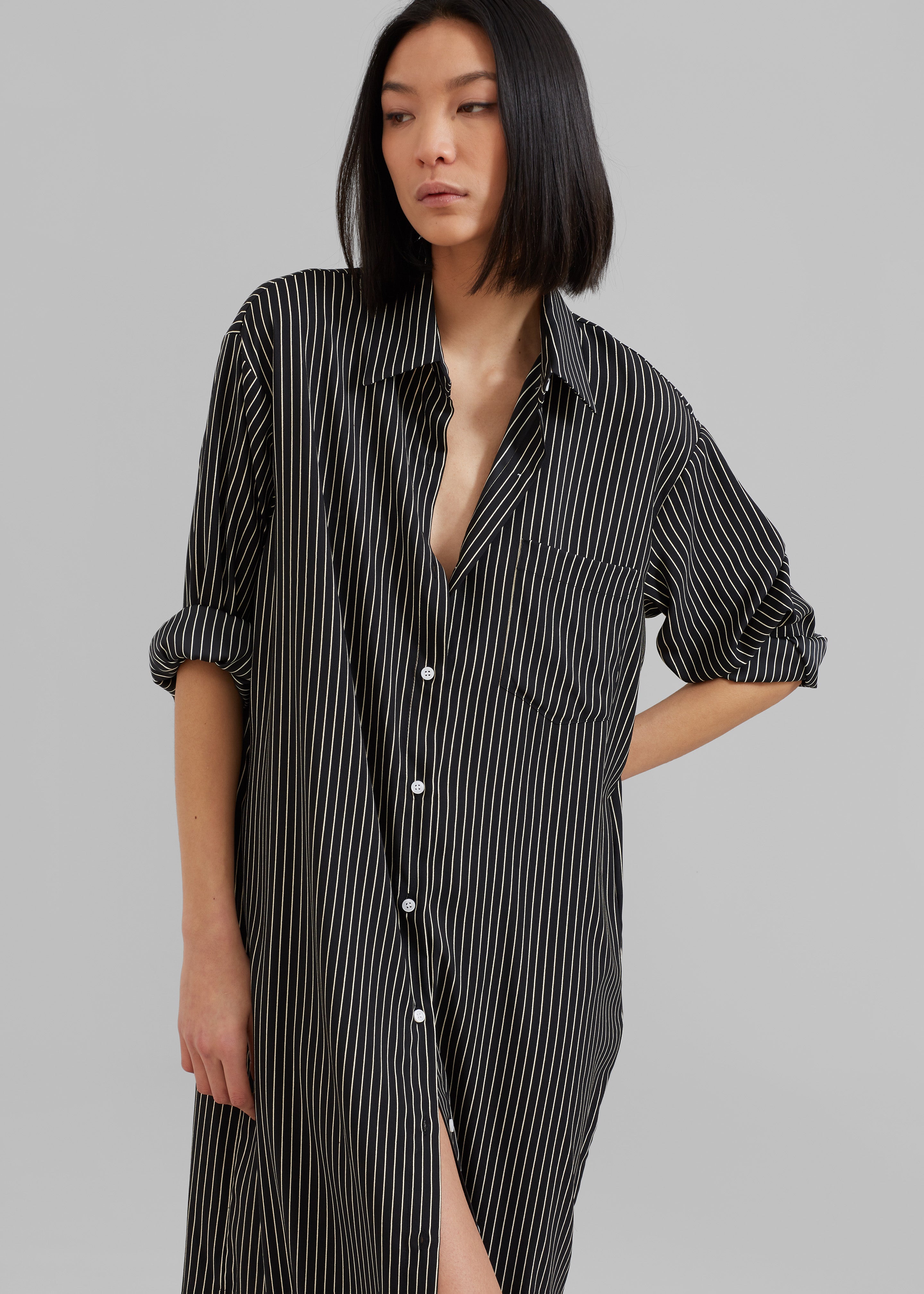 Cala Satin Shirt Dress - Black Pinstripe - 5