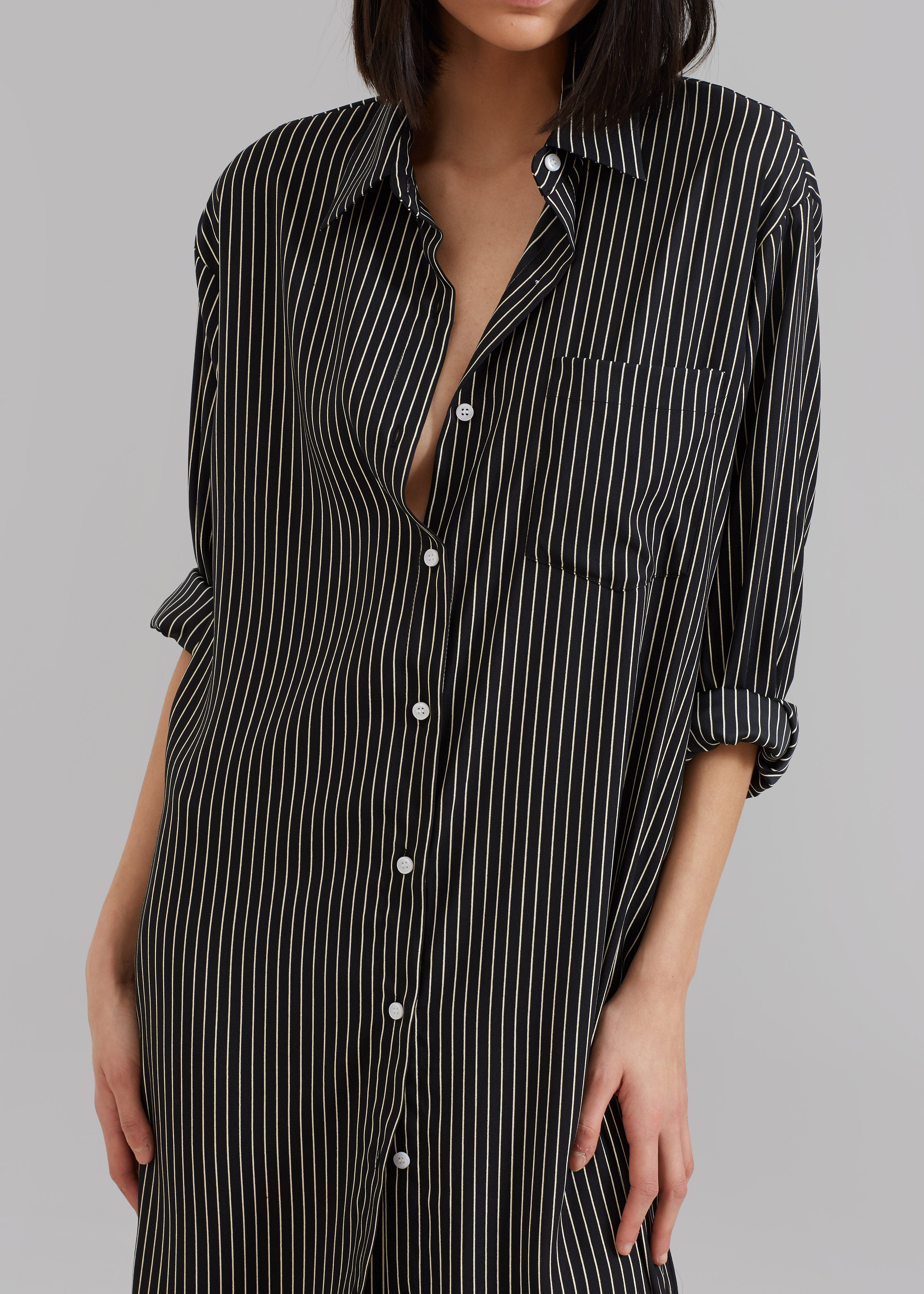 Cala Satin Shirt Dress - Black Pinstripe - 3