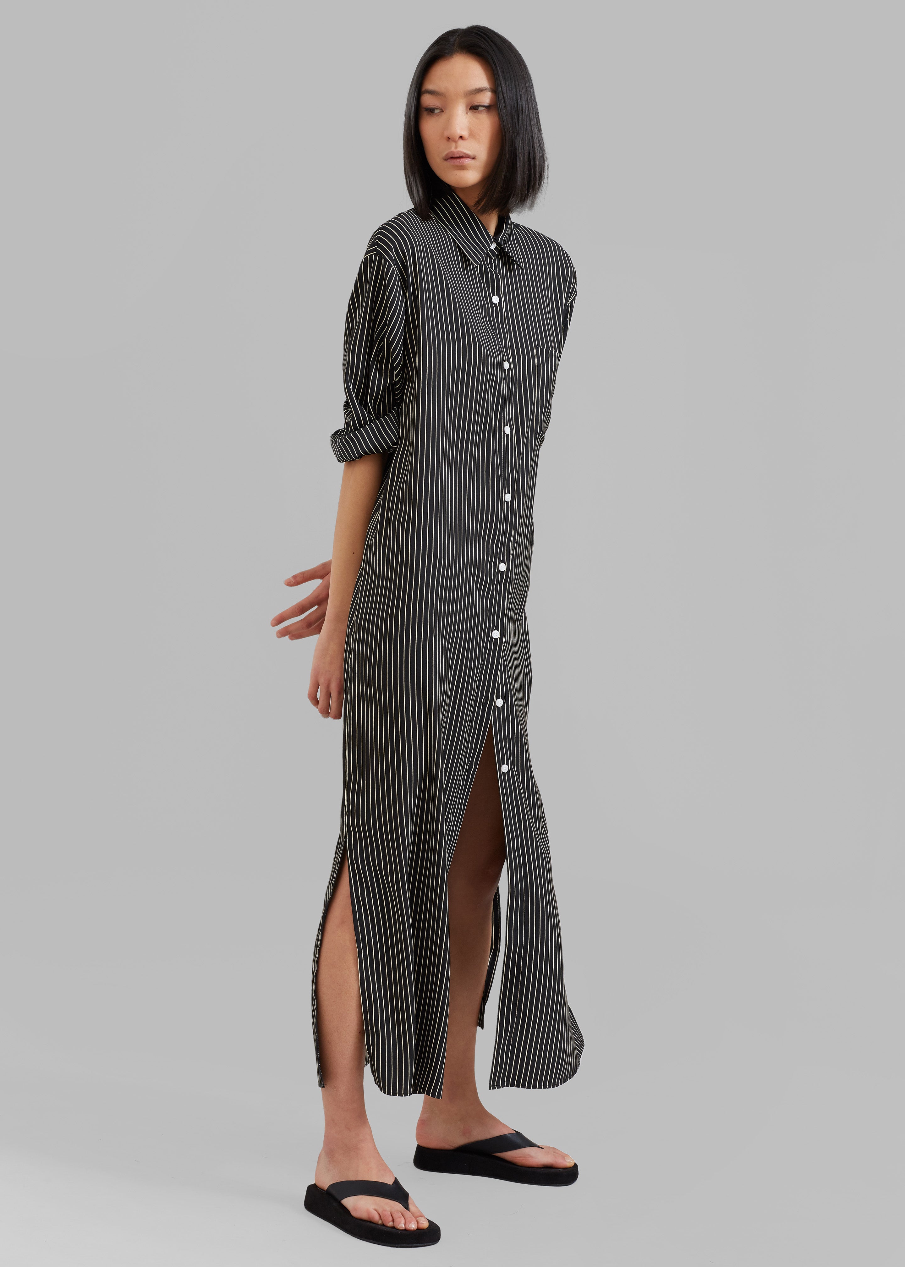 Cala Satin Shirt Dress - Black Pinstripe - 6