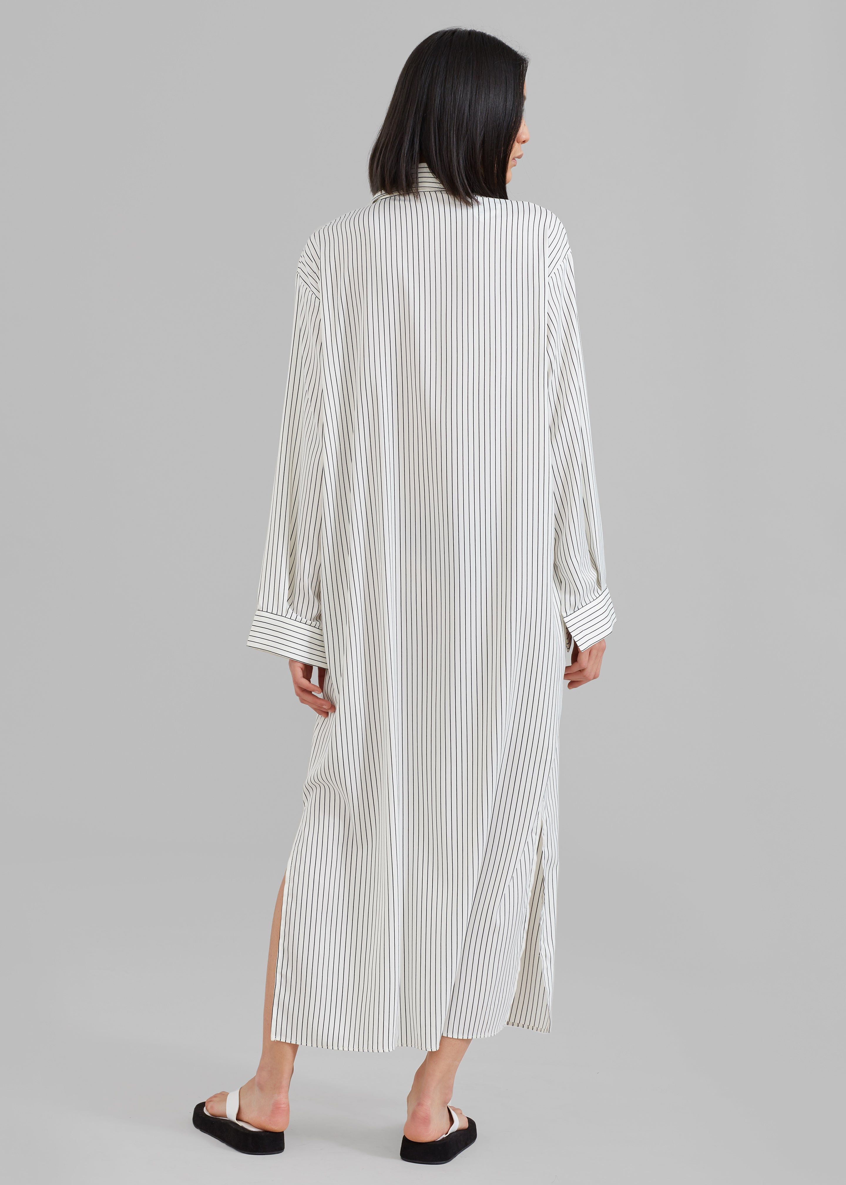 Cala Satin Shirt Dress - White Pinstripe - 6