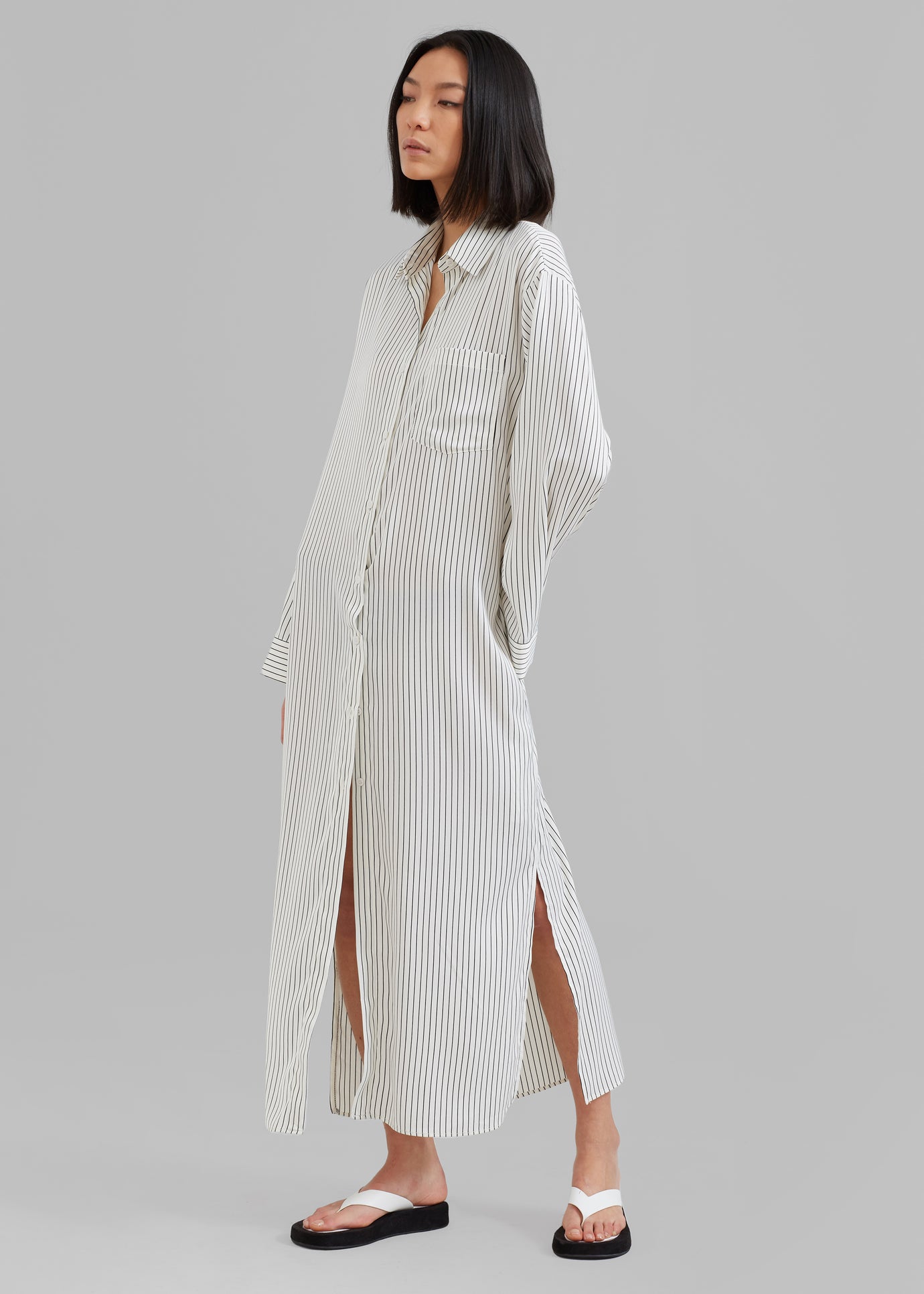 Cala Satin Shirt Dress - White Pinstripe