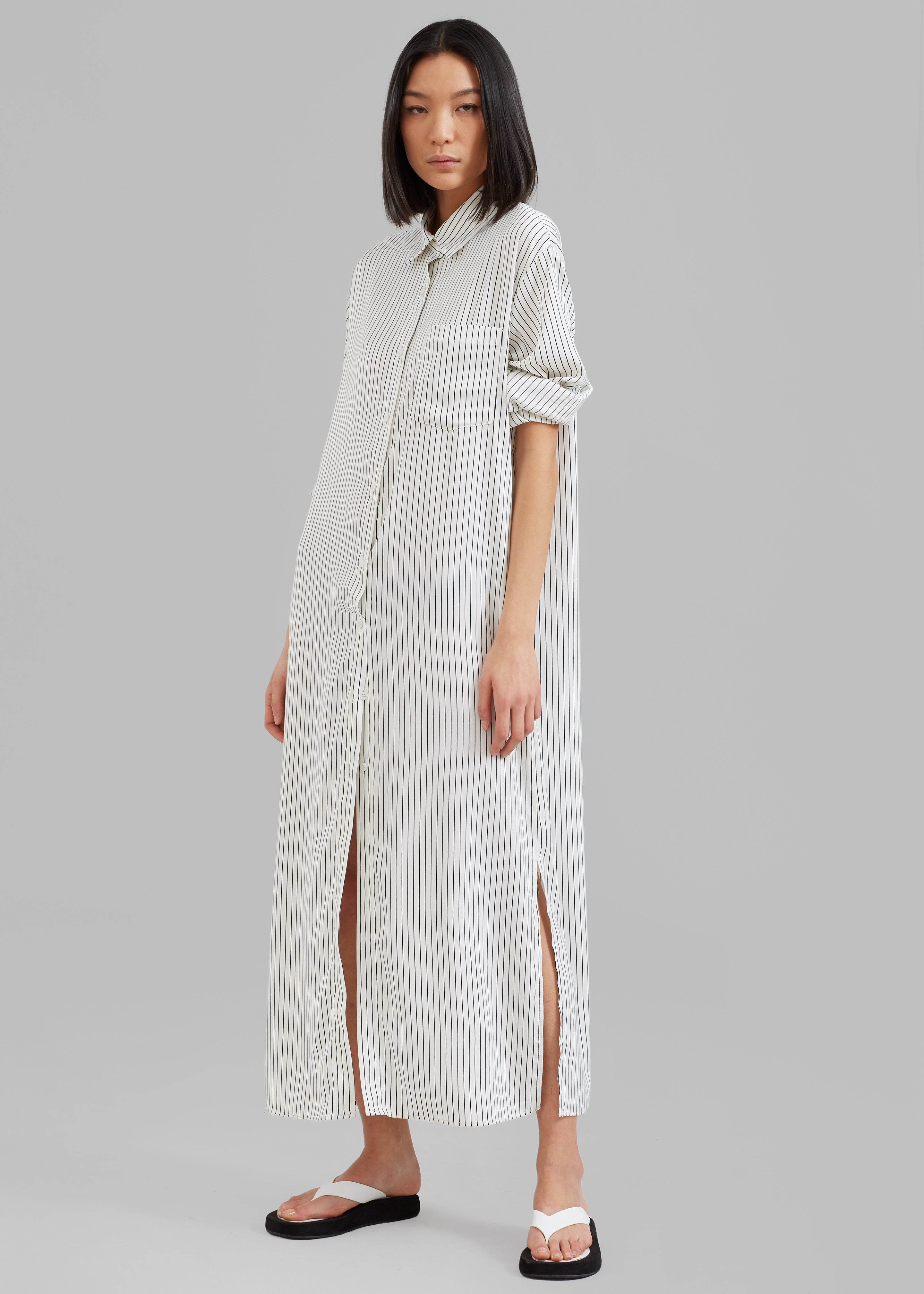 Cala Satin Shirt Dress - White Pinstripe - 5