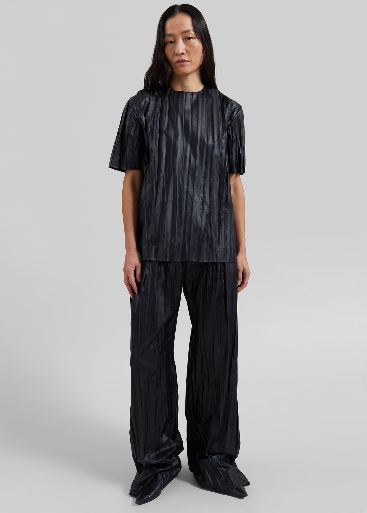 Calcaterra Faux Leather Plisse T-Shirt - Black