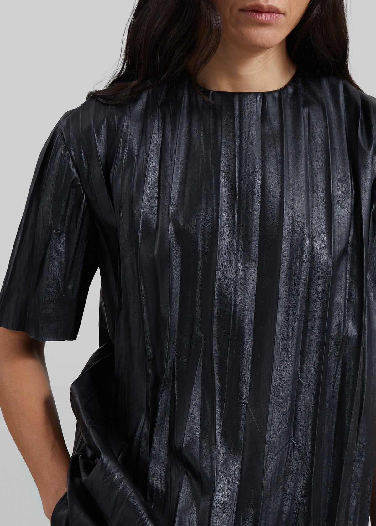 Calcaterra Faux Leather Plisse T-Shirt - Black