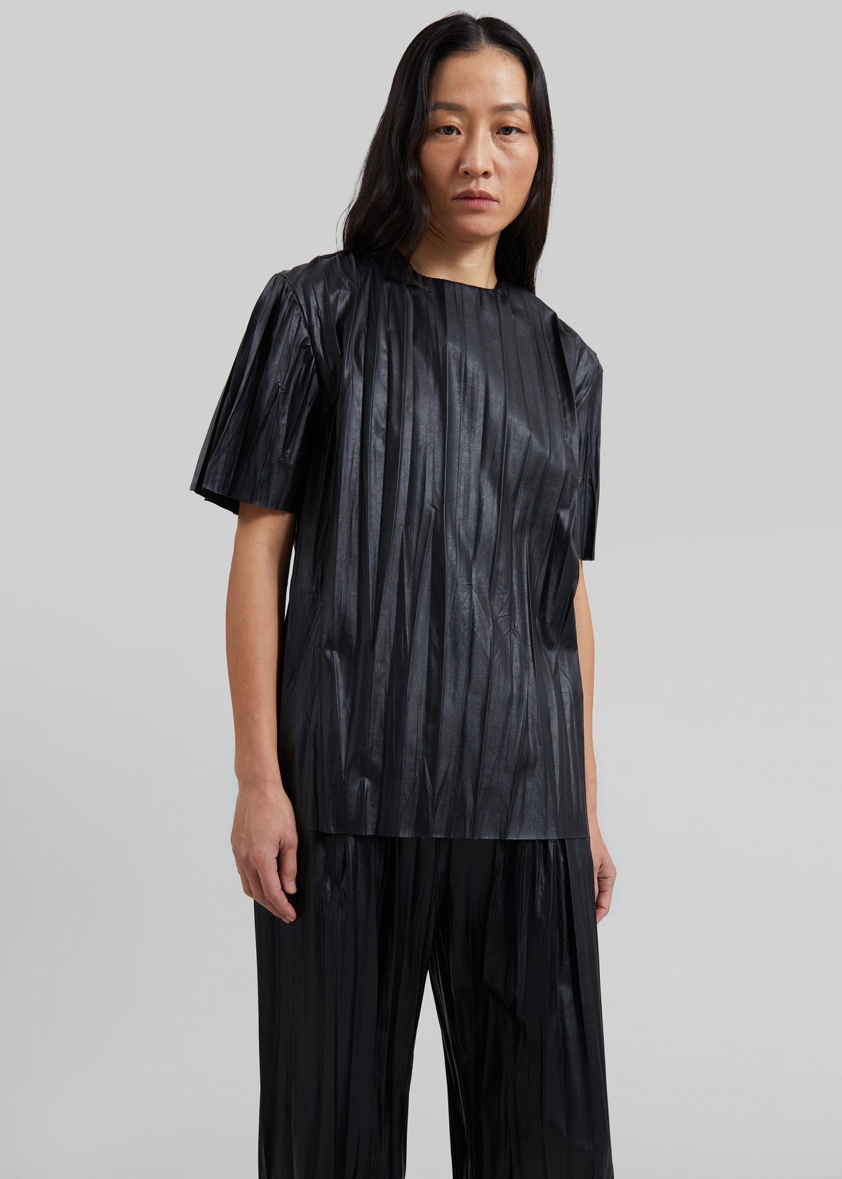 Calcaterra Faux Leather Plisse T-Shirt - Black